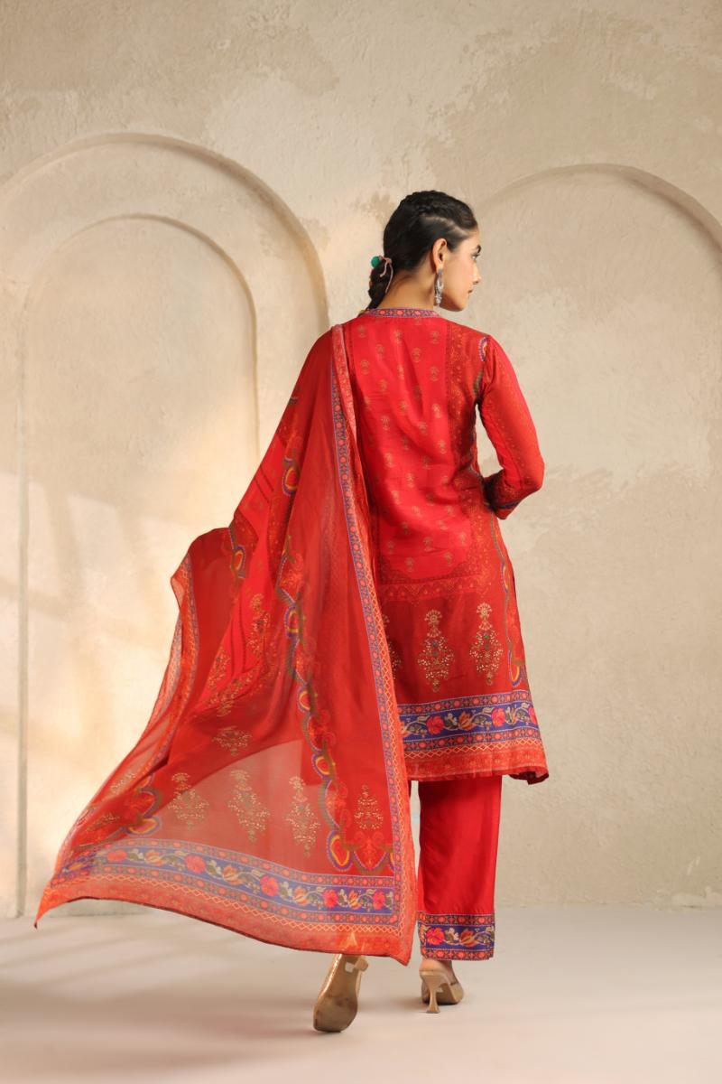 Deep Red Printed Dola Silk Pant Set