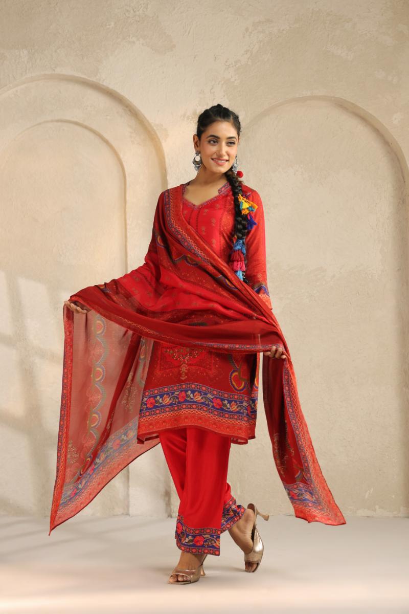 Deep Red Printed Dola Silk Pant Set