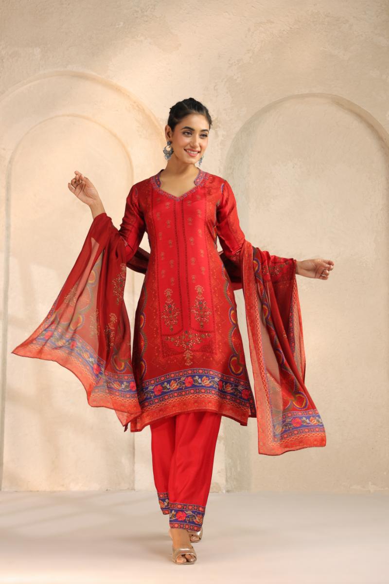 Deep Red Printed Dola Silk Pant Set