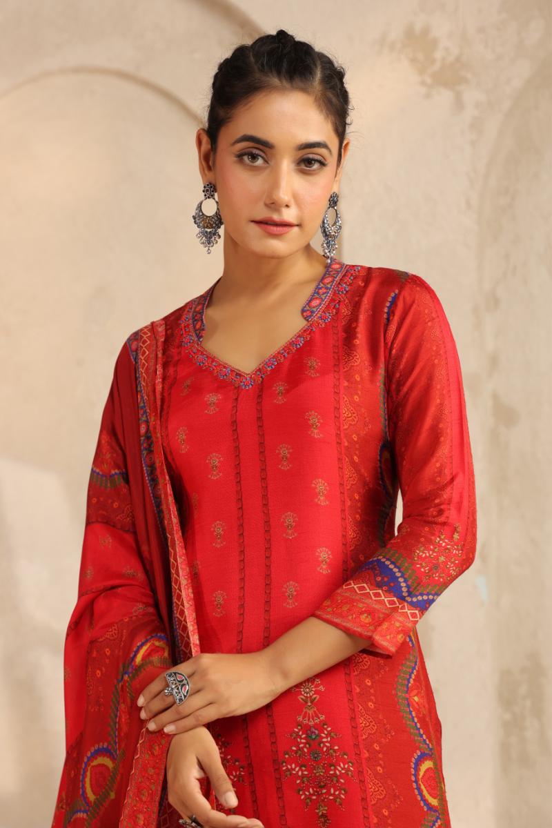 Deep Red Printed Dola Silk Pant Set