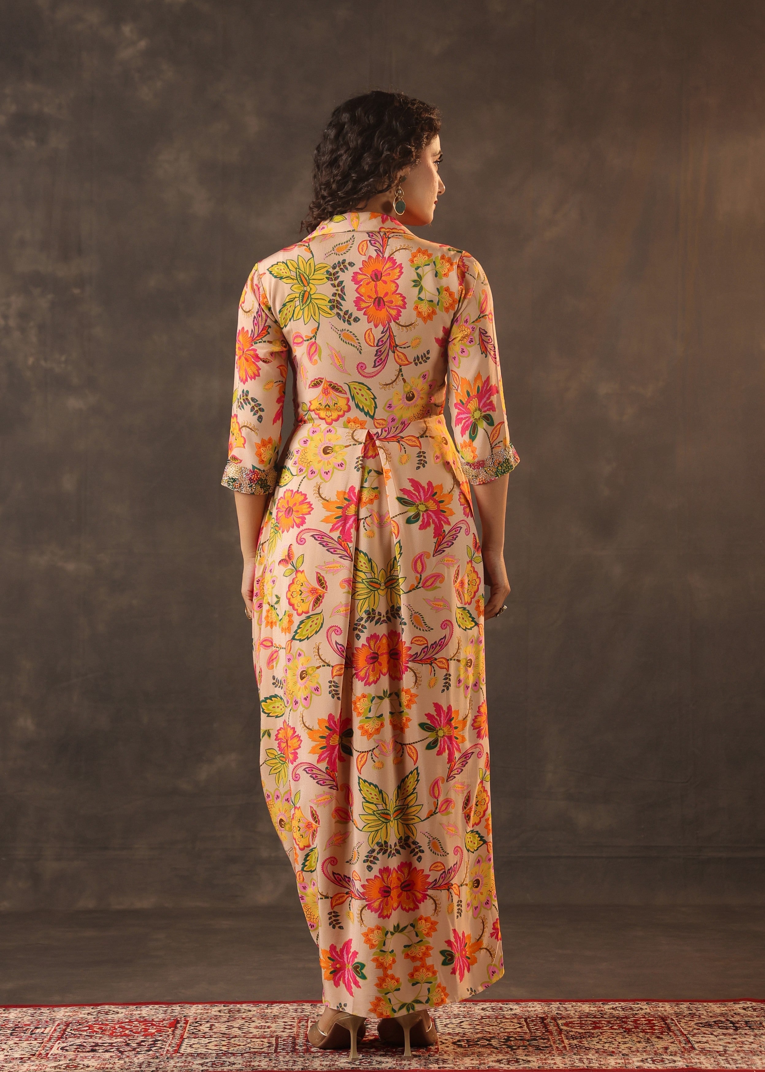 Peach Nectar Printed Crepe Silk Draped Dress
