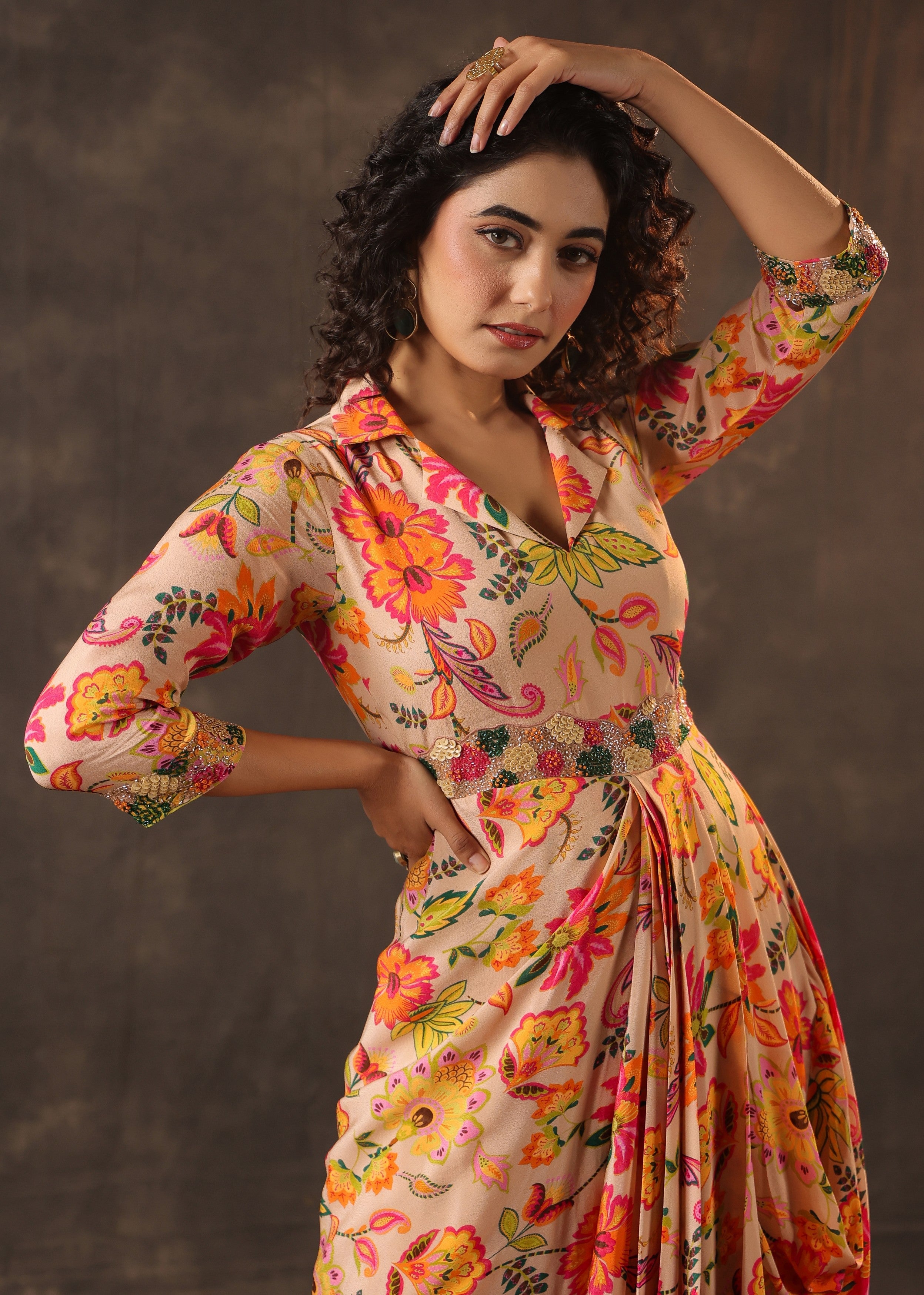 Peach Nectar Printed Crepe Silk Draped Dress