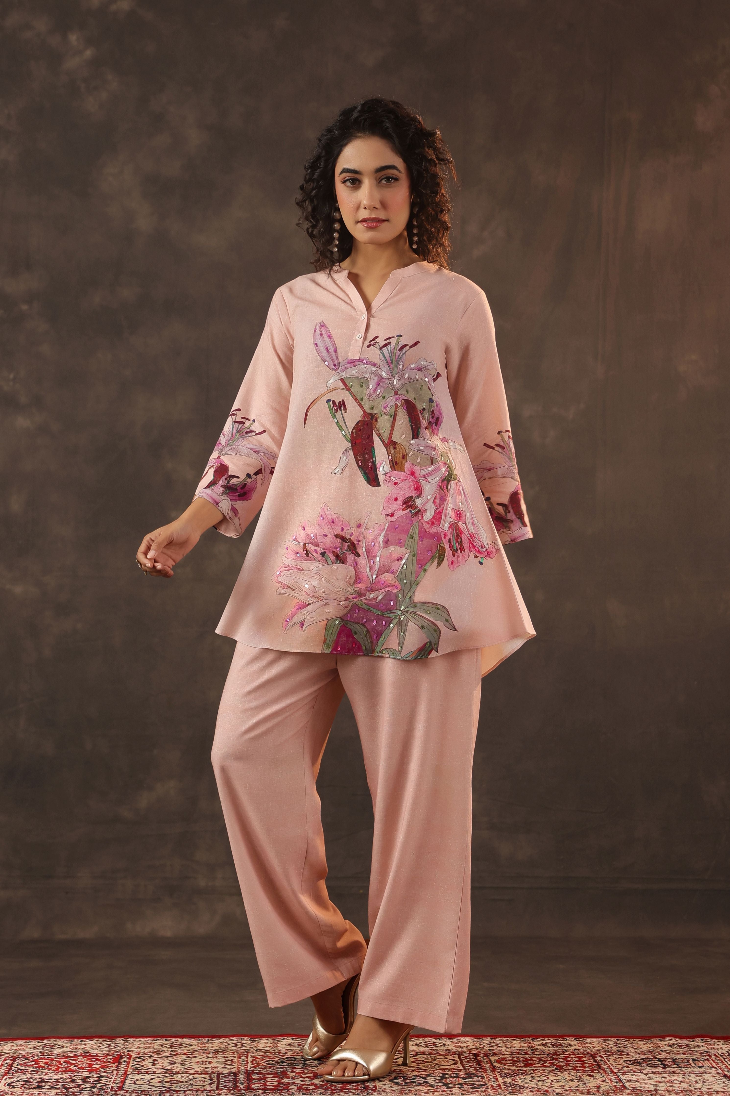 Petal Pink Embellished Linen Co-Ord Set