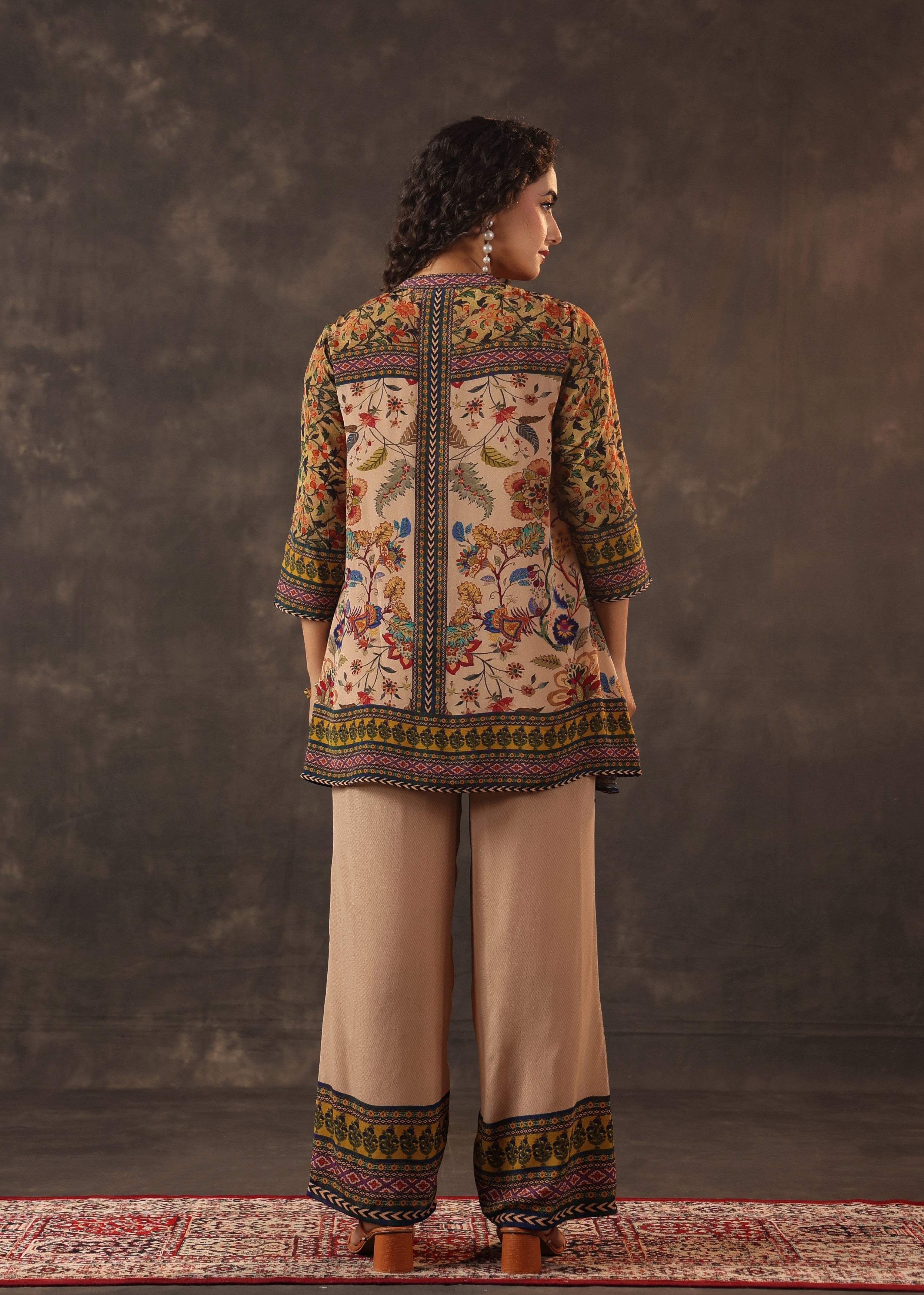 Sandalwood Beige Printed Crepe Silk Co-Ord Set