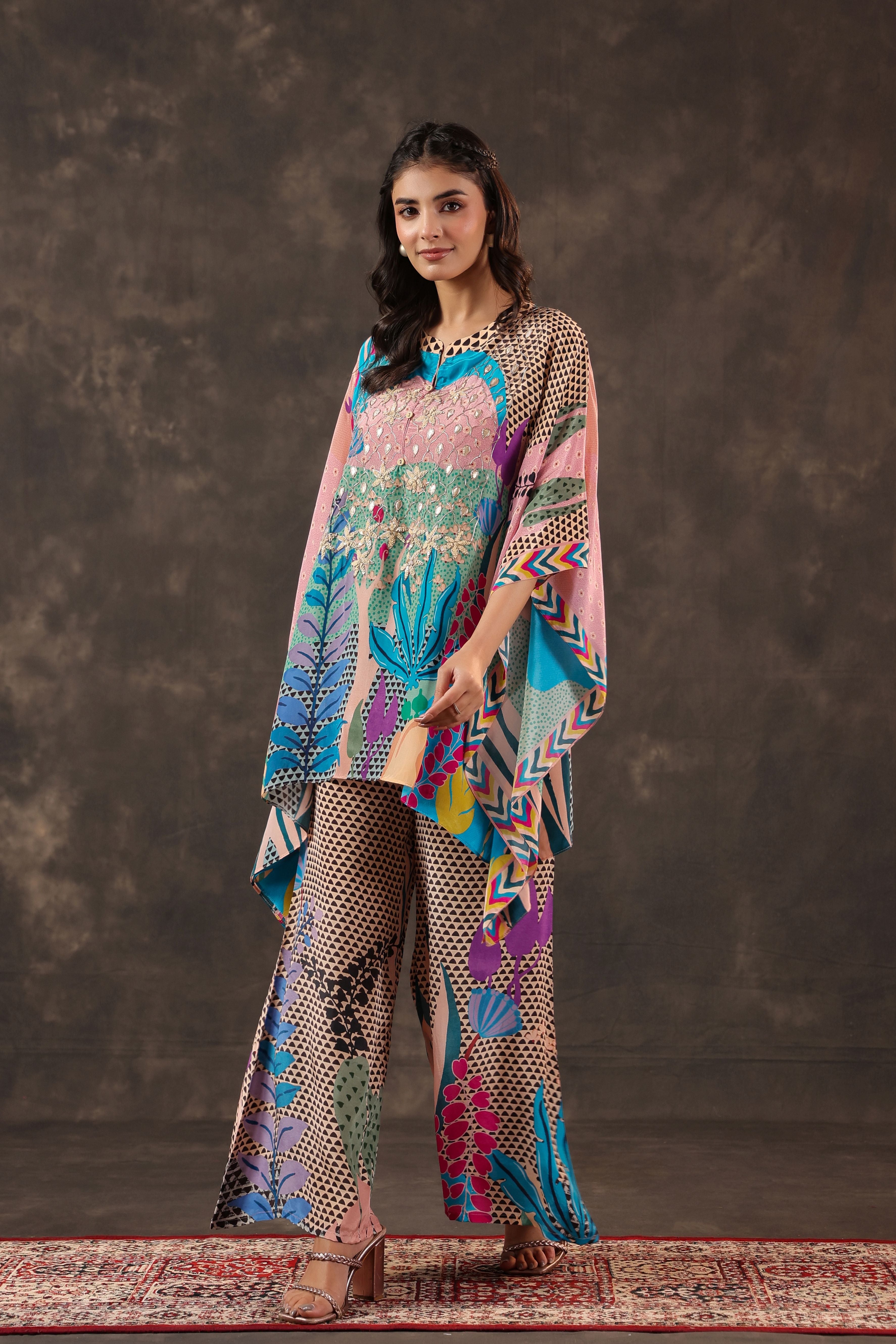 Aqua Botanical Printed Crepe Silk Co-Ord Set