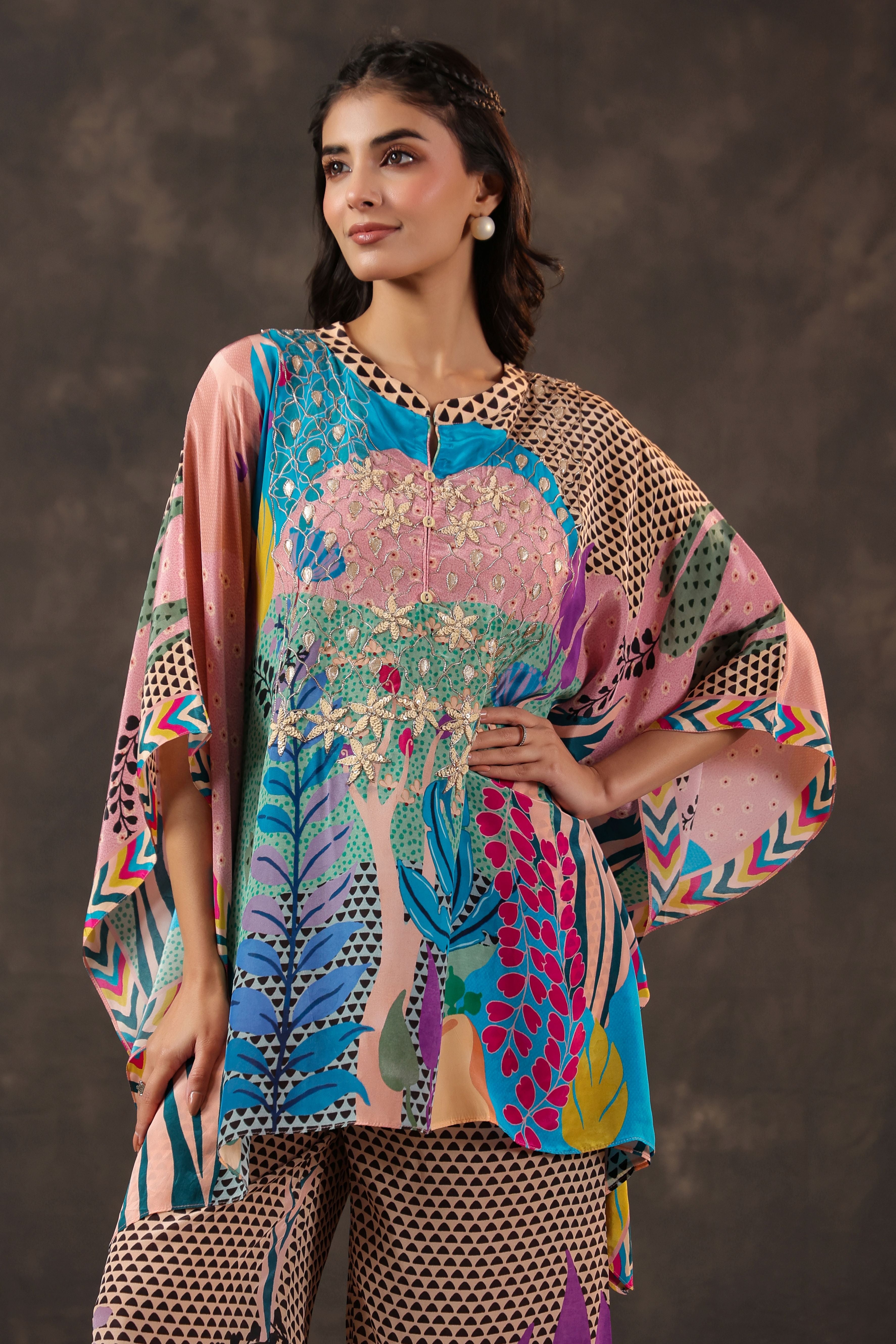 Aqua Botanical Printed Crepe Silk Co-Ord Set