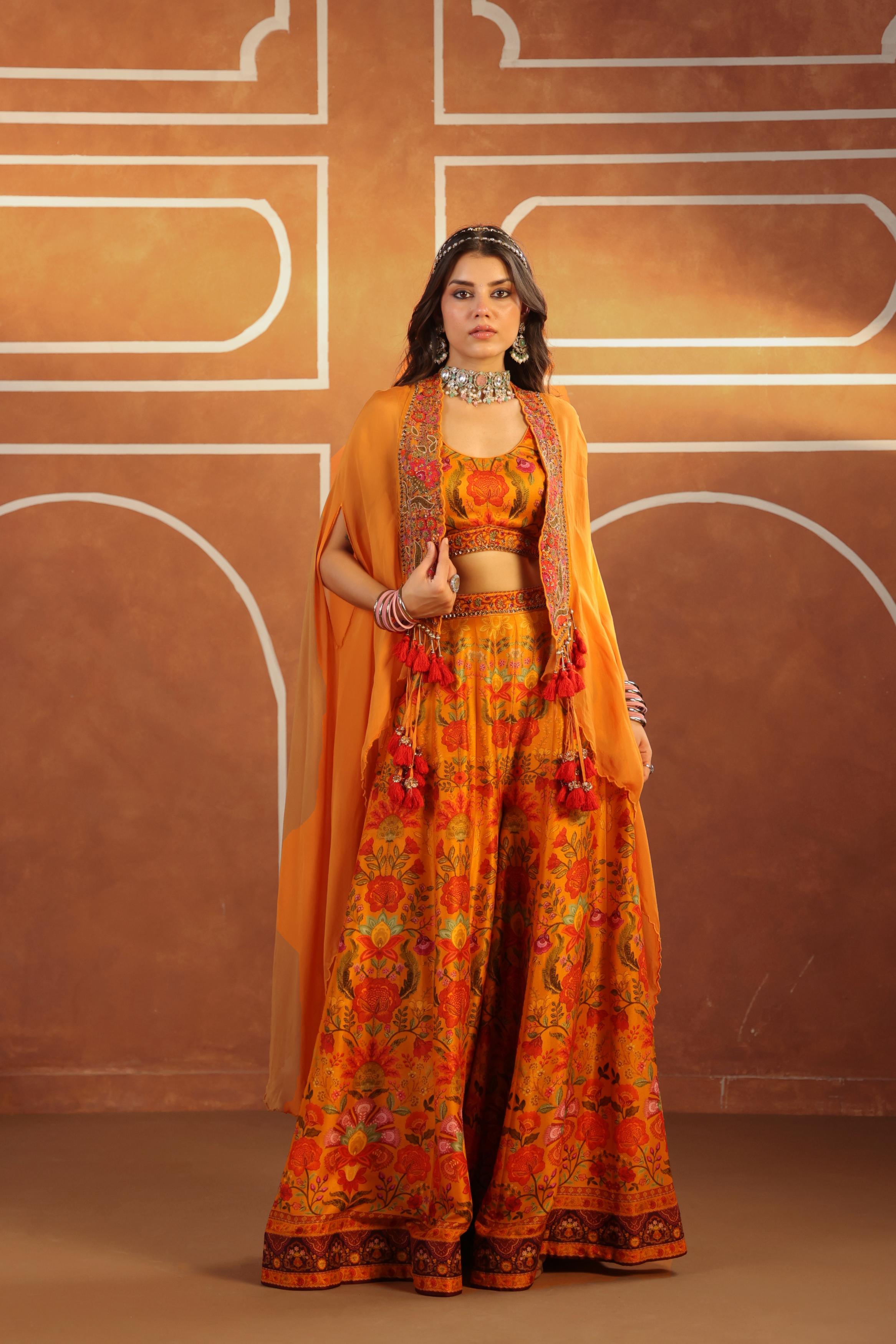Amber Yellow Embellished Raw Silk Sharara Set