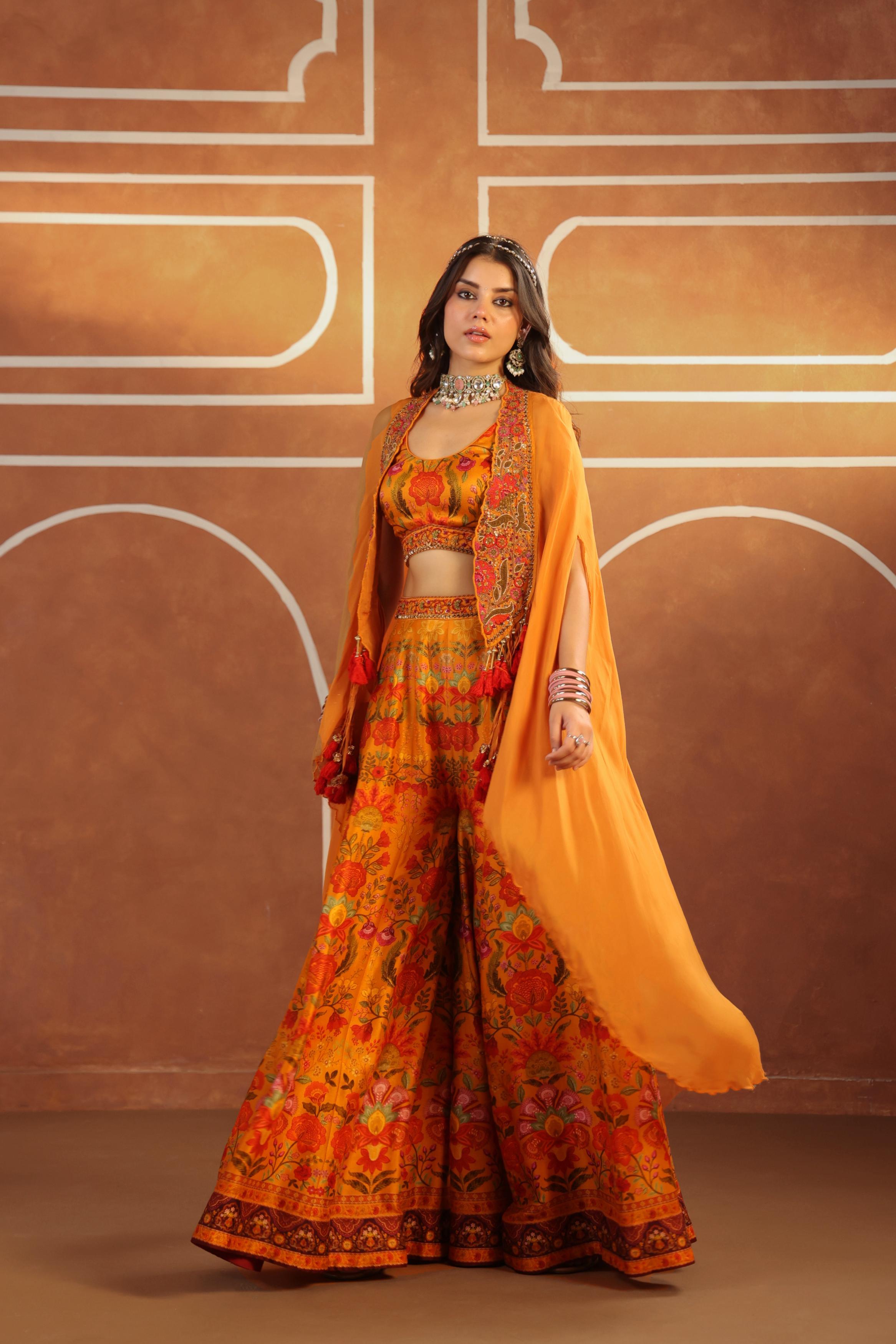 Amber Yellow Embellished Raw Silk Sharara Set