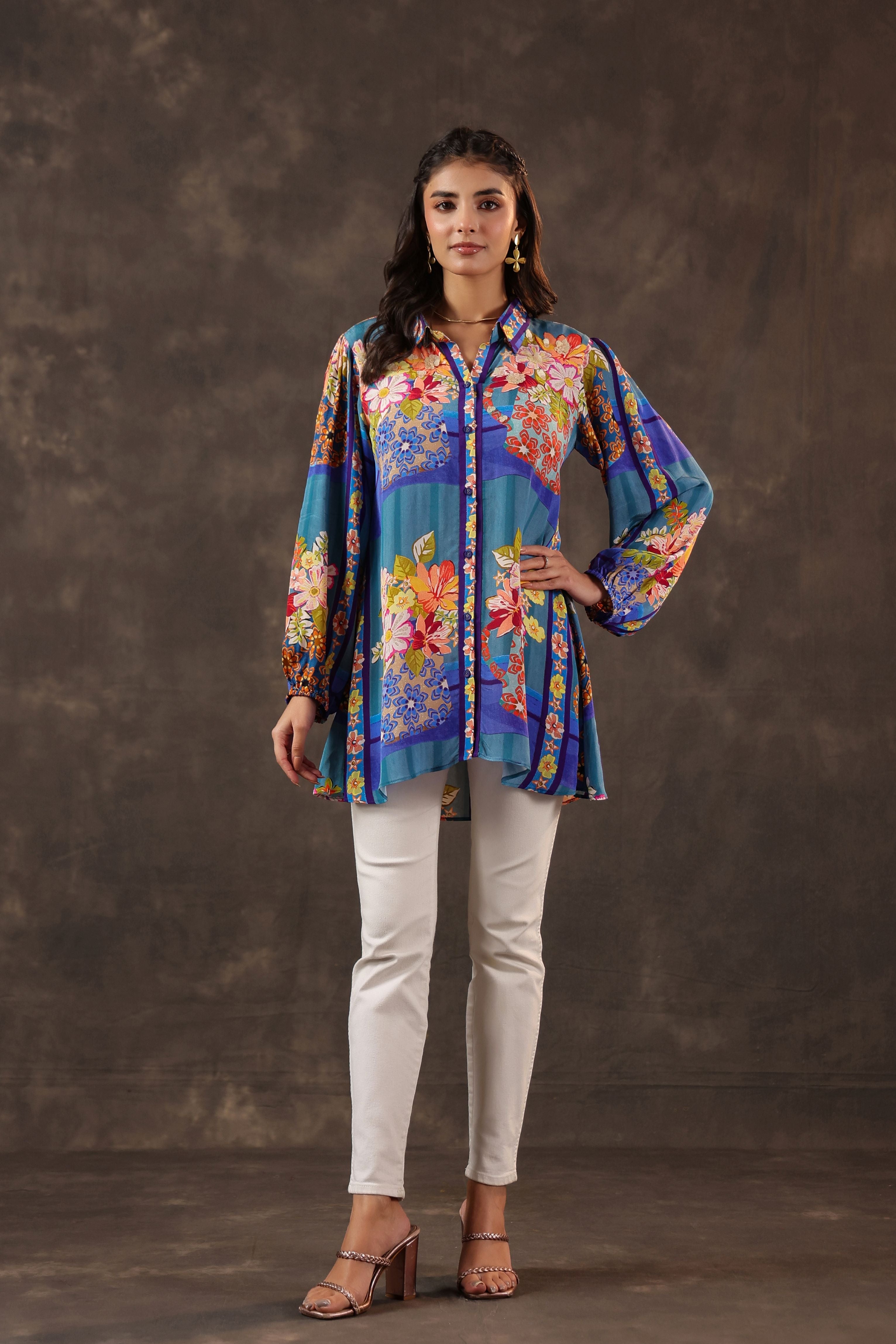 Cerulean Garden Printed Crepe Silk Top