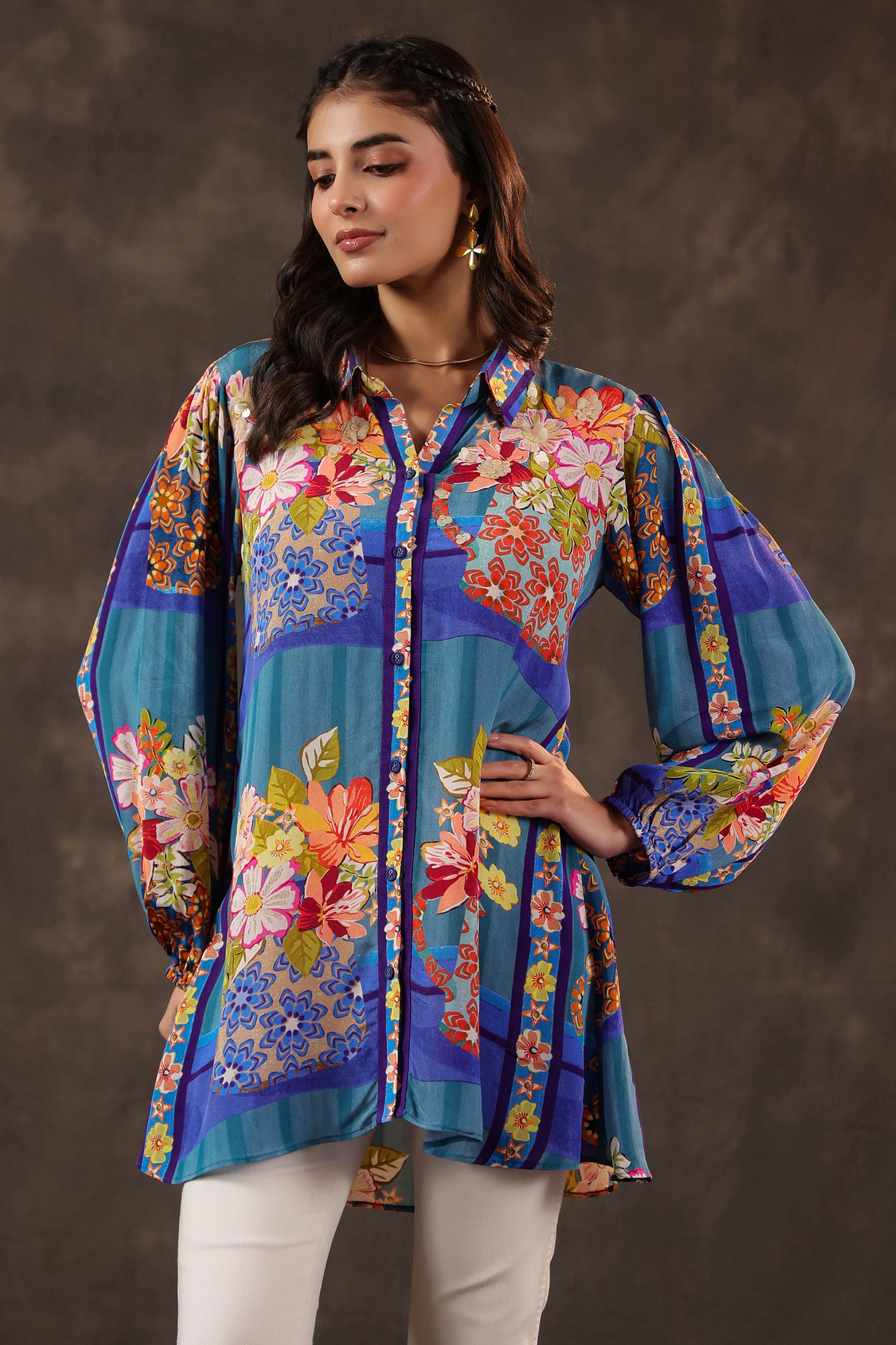 Cerulean Garden Printed Crepe Silk Top