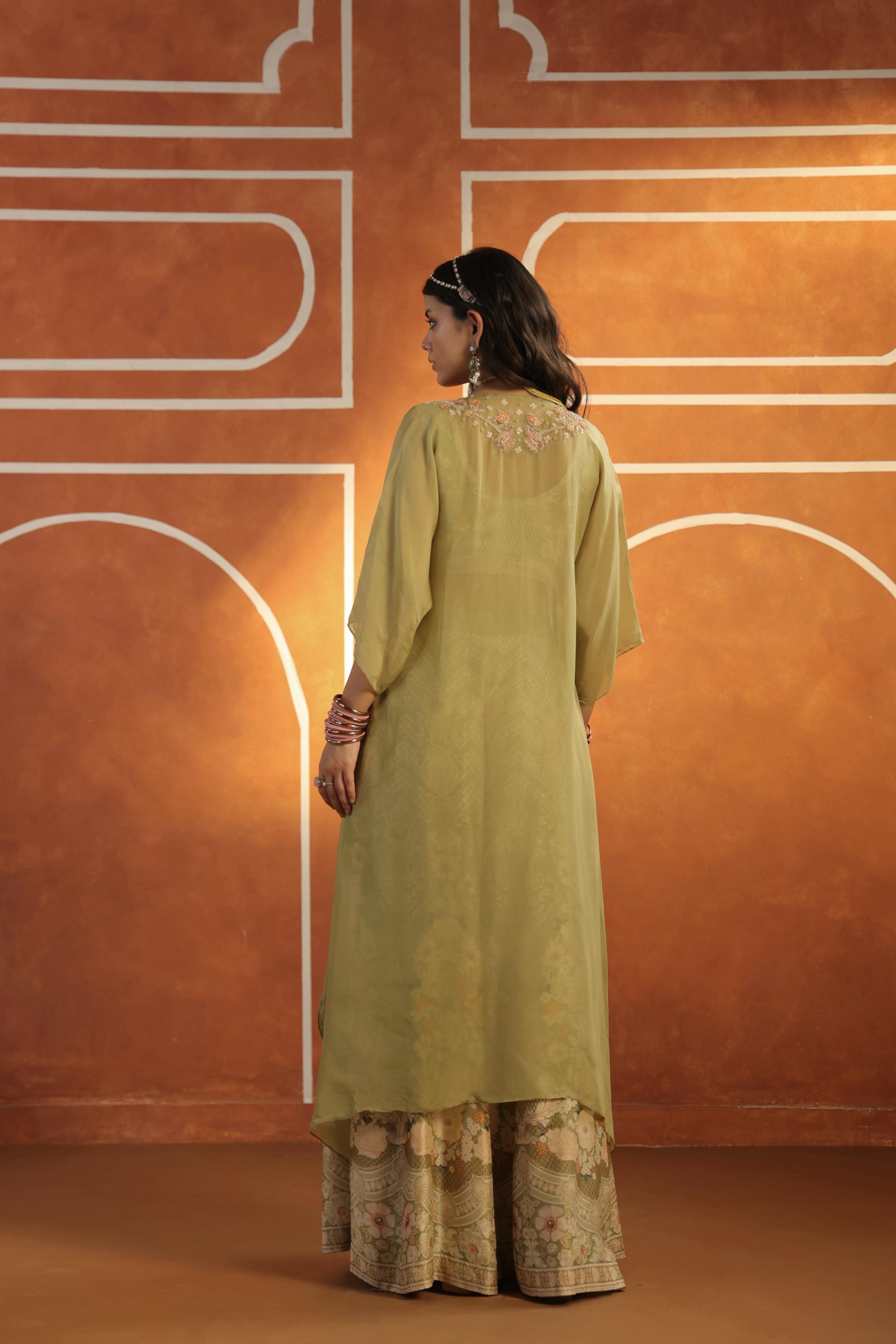 Moss Green Embellished Raw Silk Sharara Set