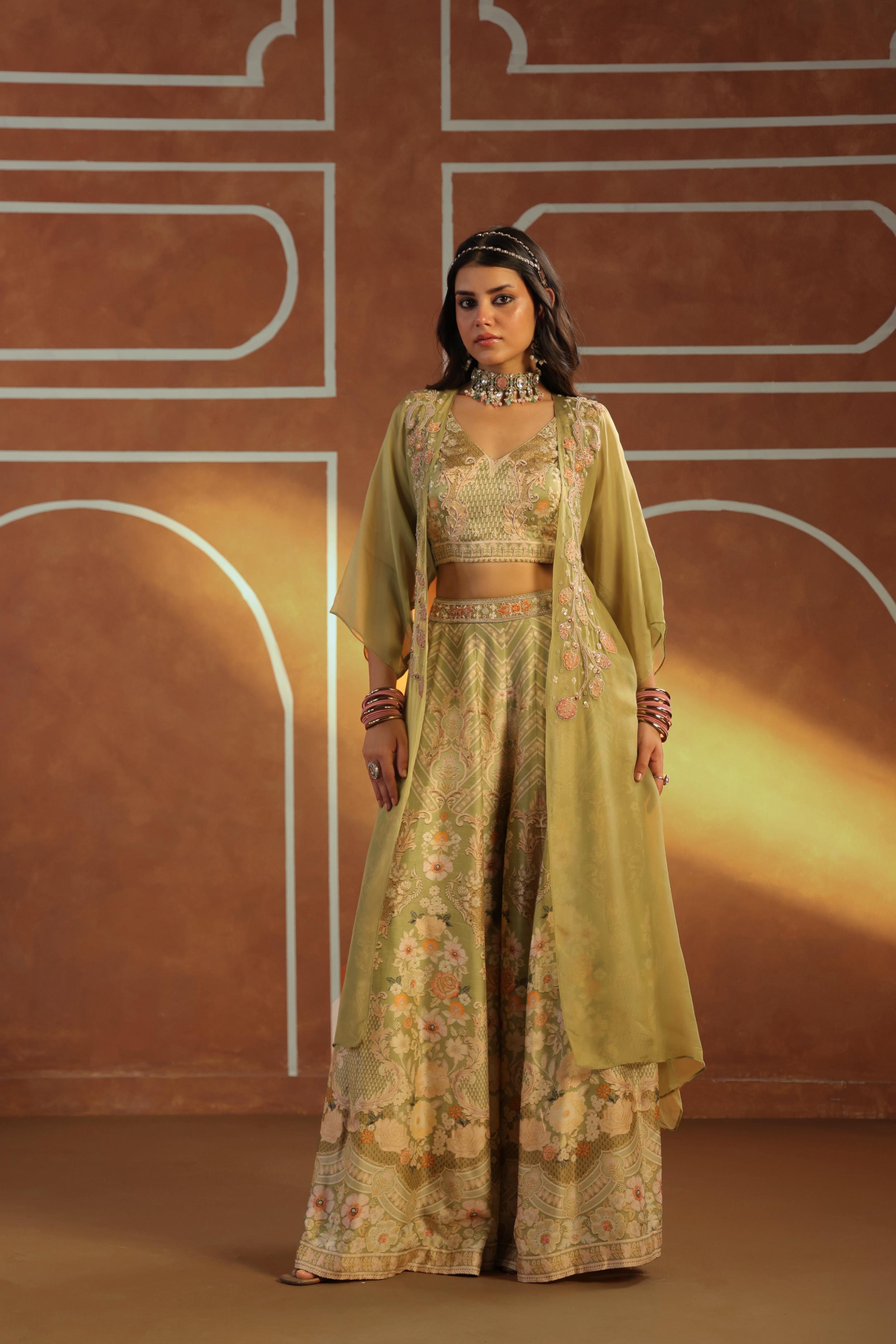 Moss Green Embellished Raw Silk Sharara Set
