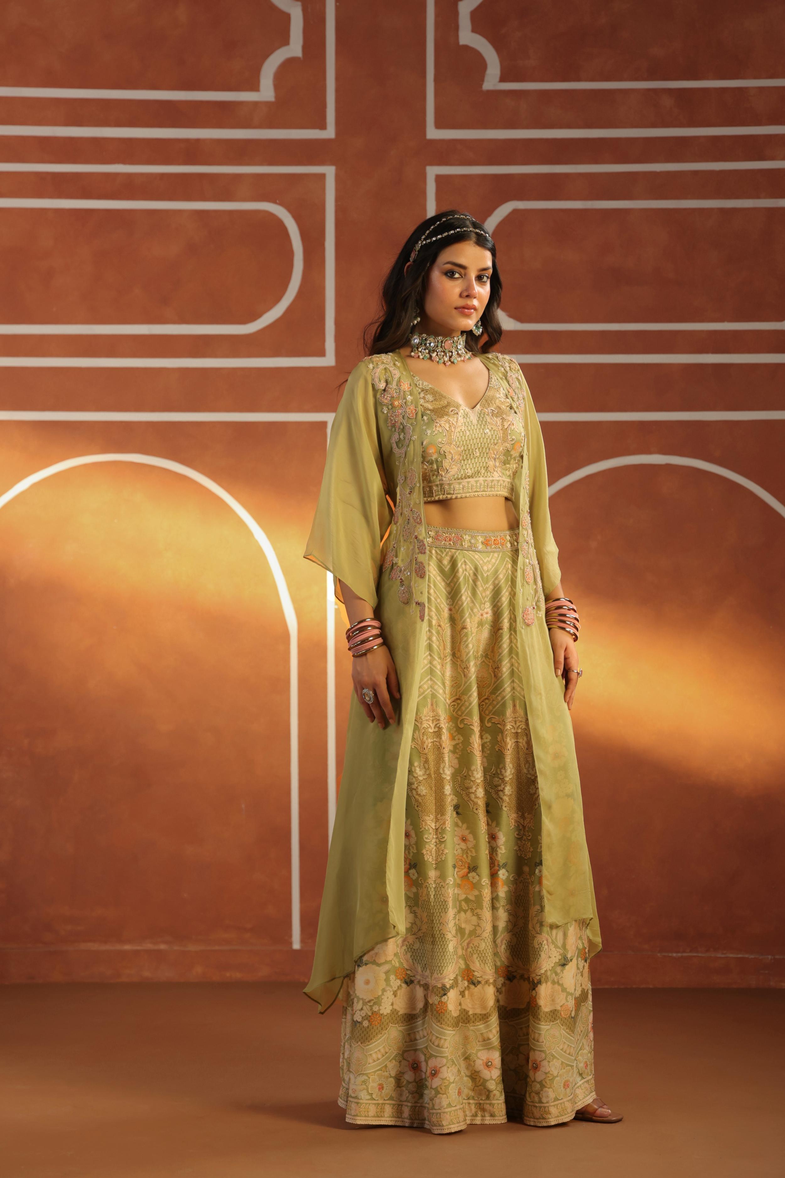 Moss Green Embellished Raw Silk Sharara Set