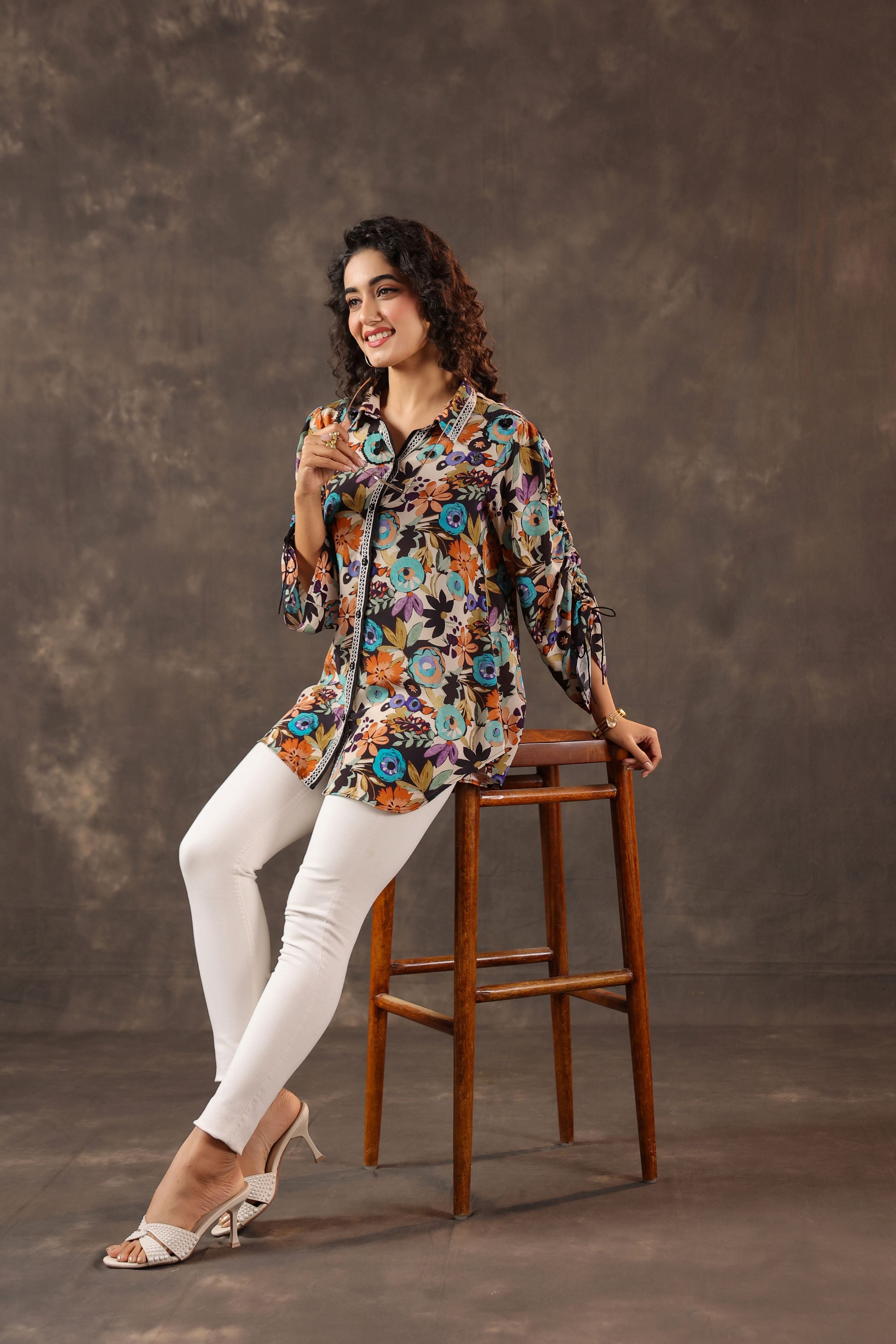 Midnight Bloom Printed Crepe Silk Ruched Top