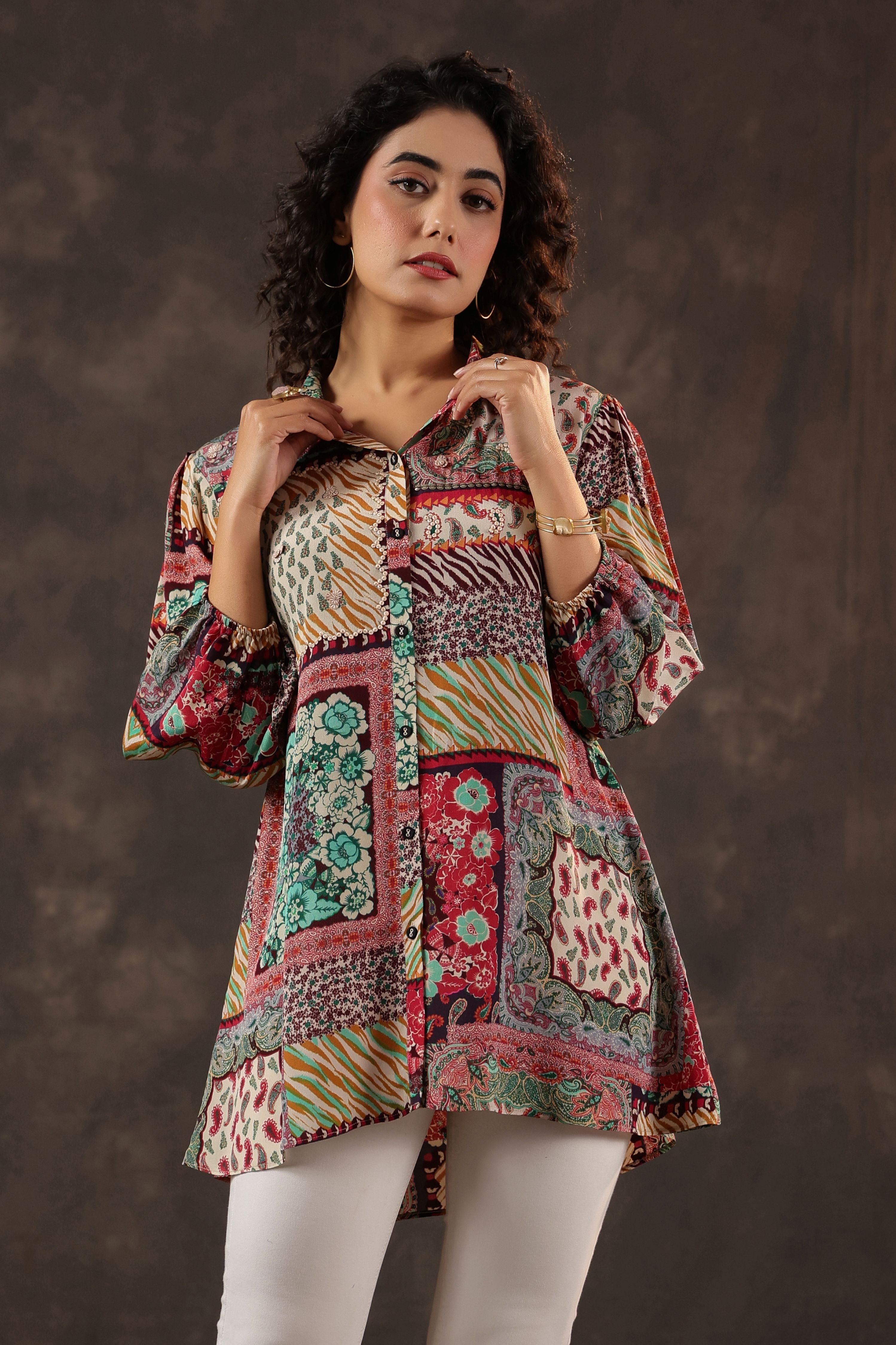 Multi-Hued Printed Crepe Silk Top
