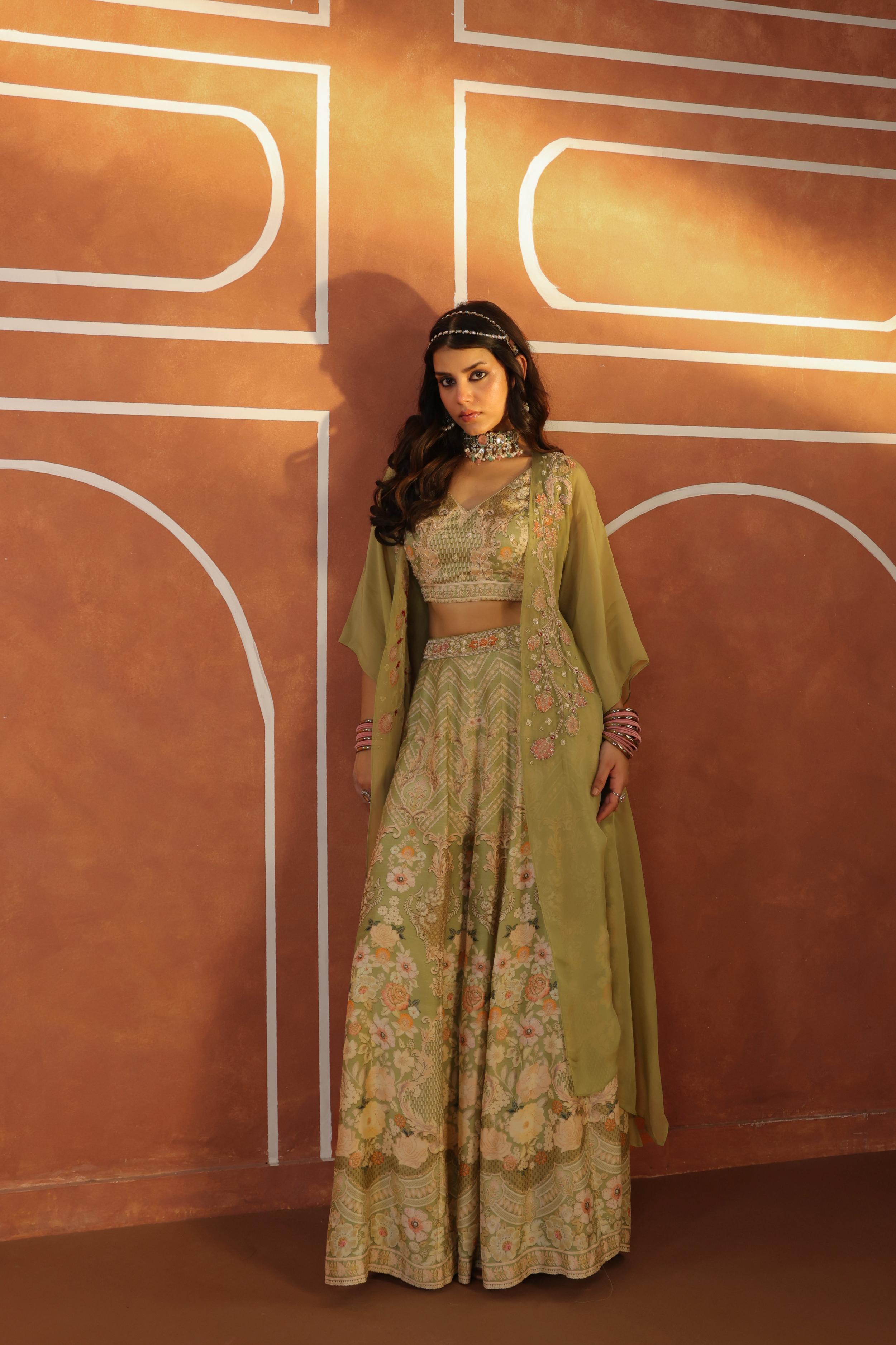 Moss Green Embellished Raw Silk Sharara Set