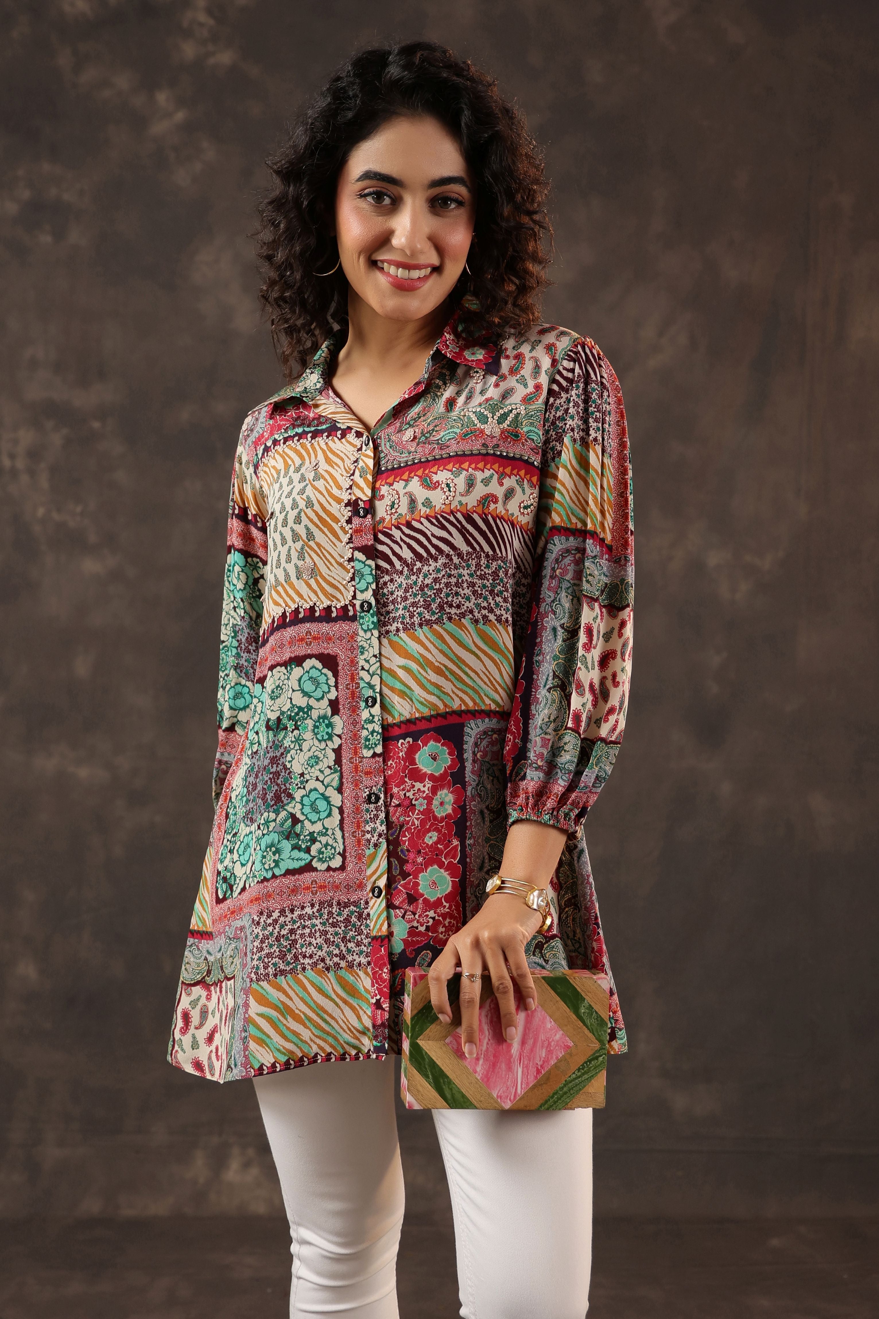 Multi-Hued Printed Crepe Silk Top