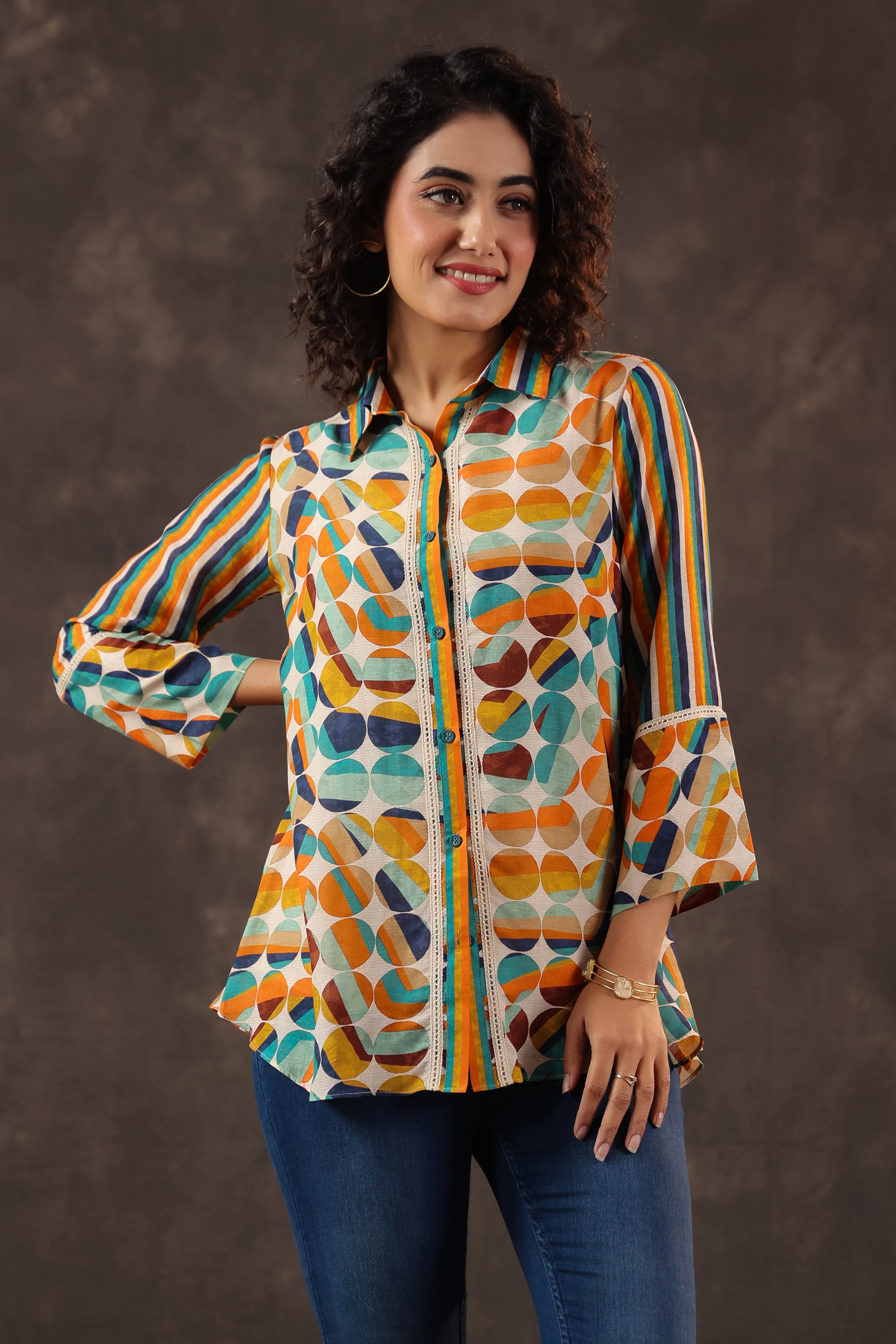 Amber Orange Printed Linen Top