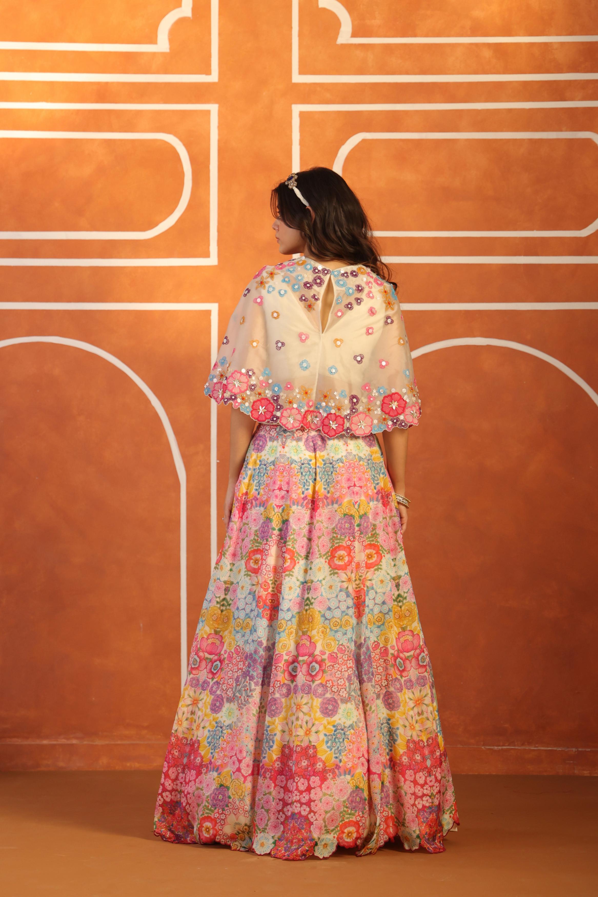 Ivory Multicolor Embellished Organdi Silk Lehenga Set