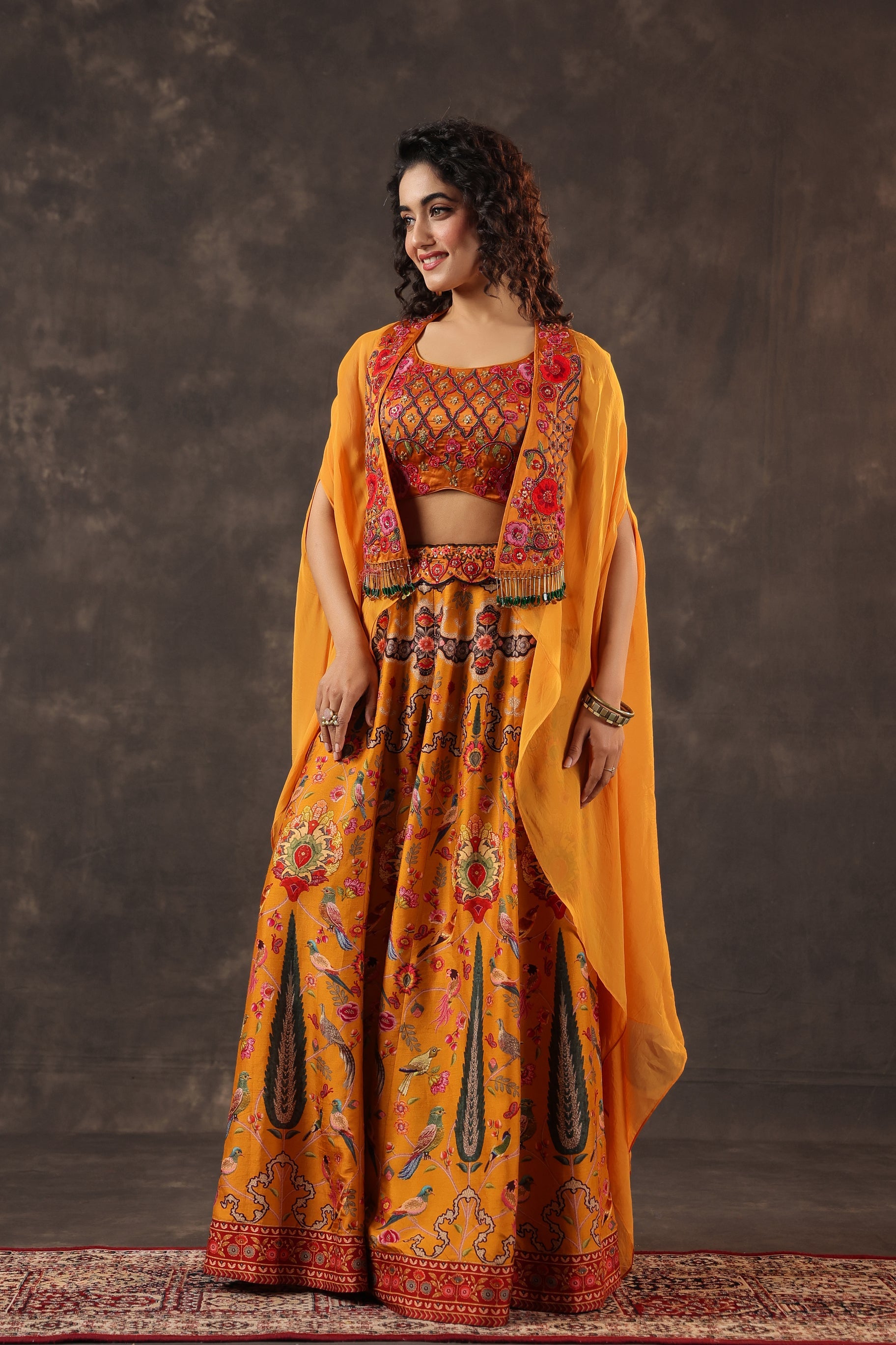 Marigold Paradise Embellished Premium Silk Cape Set