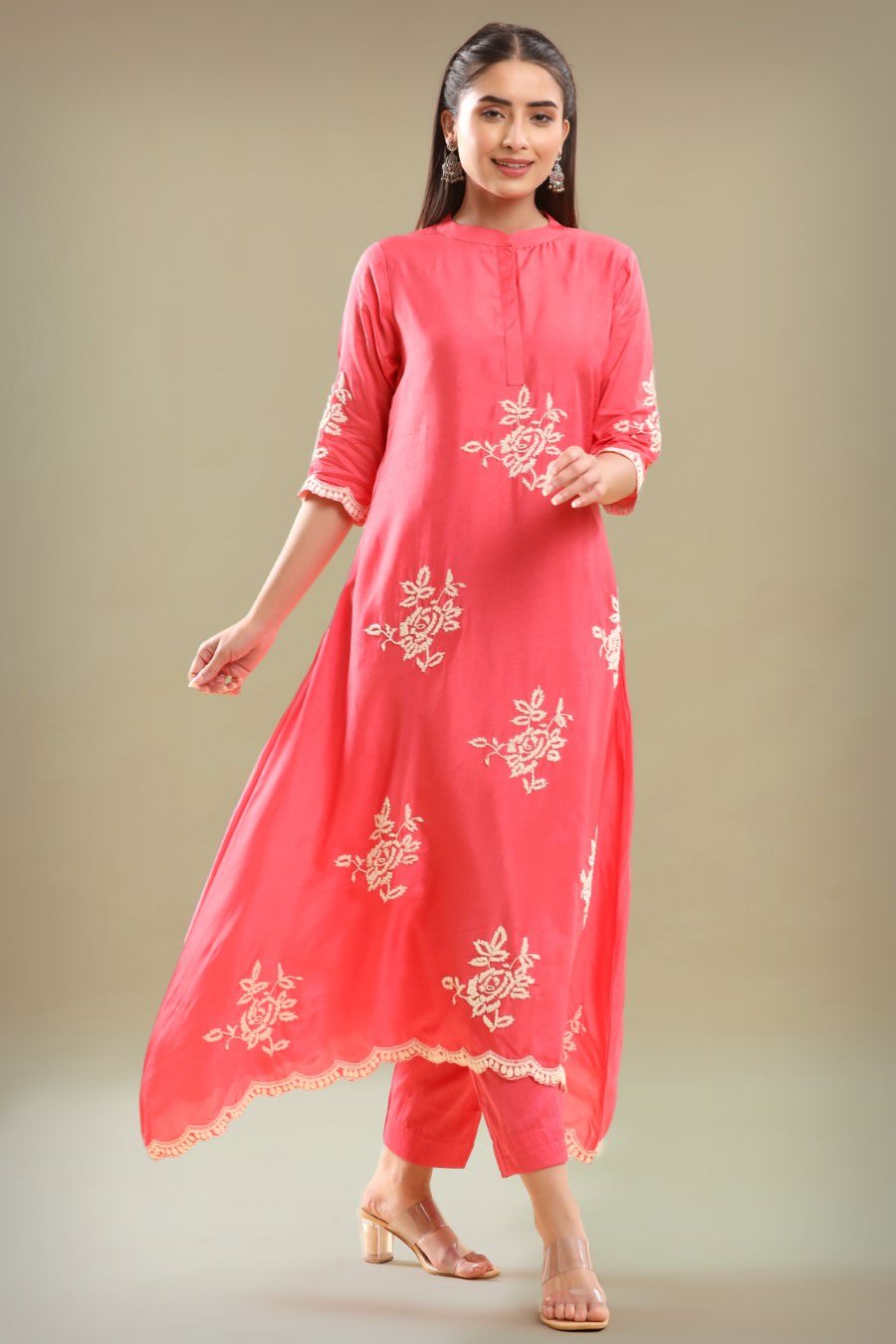 Bright Pink Embroidered A-line Kurta With Pant