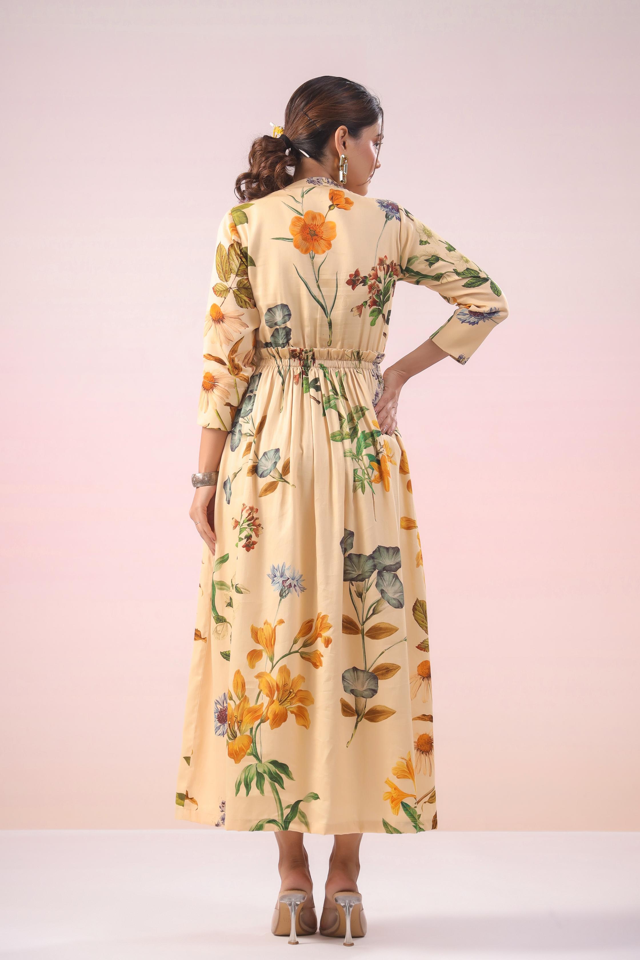 Pale Ivory Floral Printed Malai Cotton Silk Dress