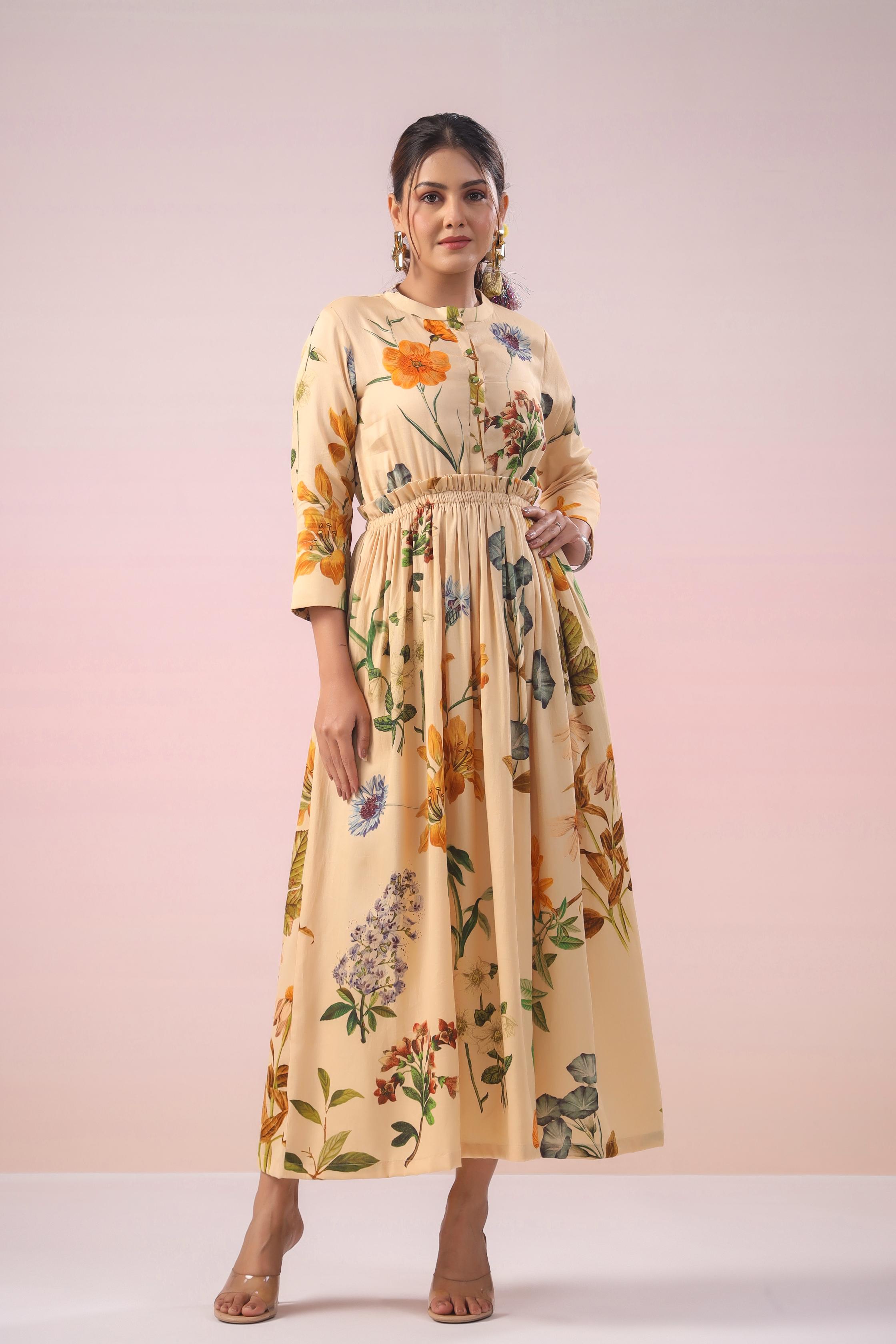 Pale Ivory Floral Printed Malai Cotton Silk Dress