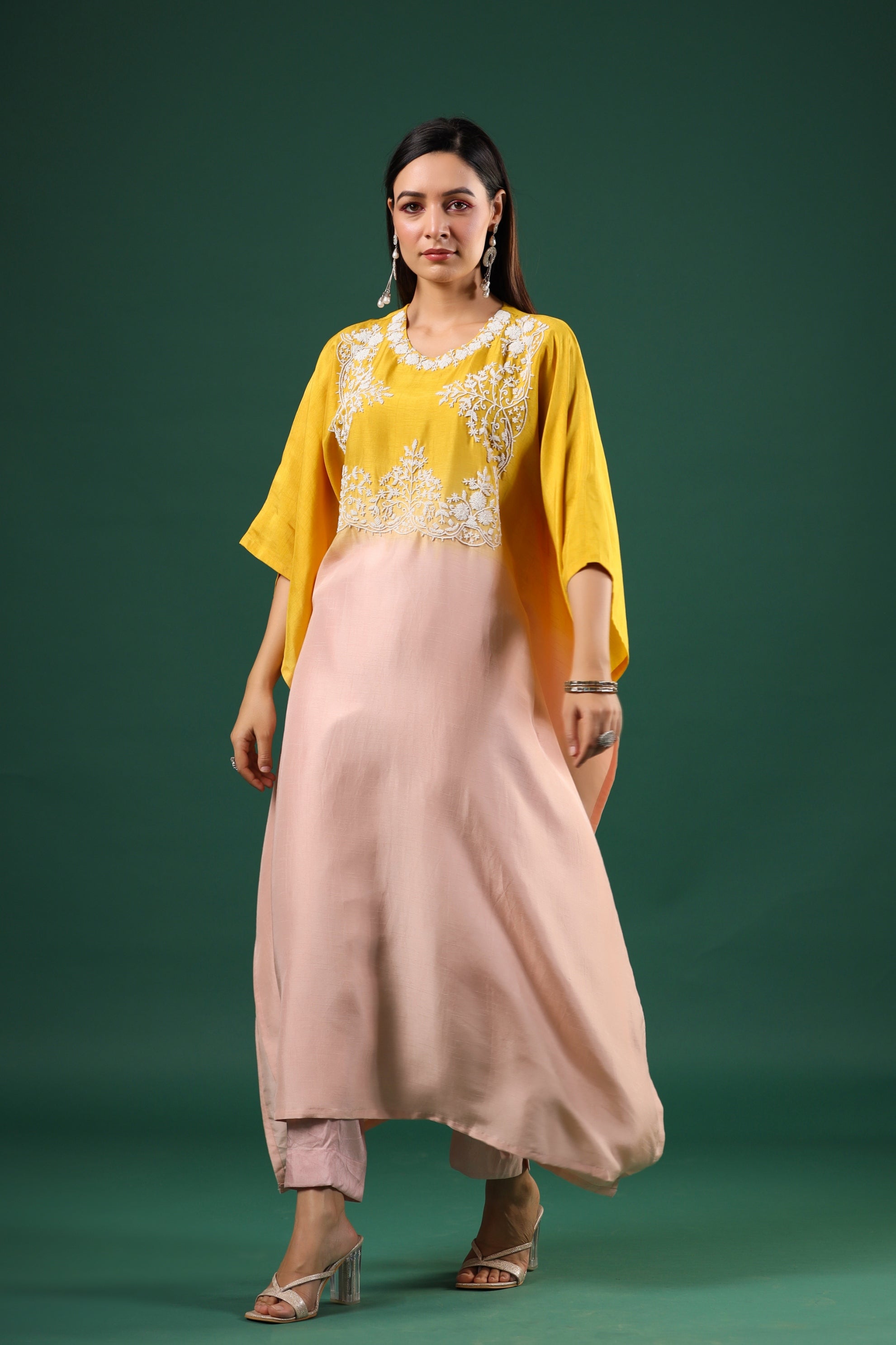 Peach Yellow Ombre Dyed Kaftan Set