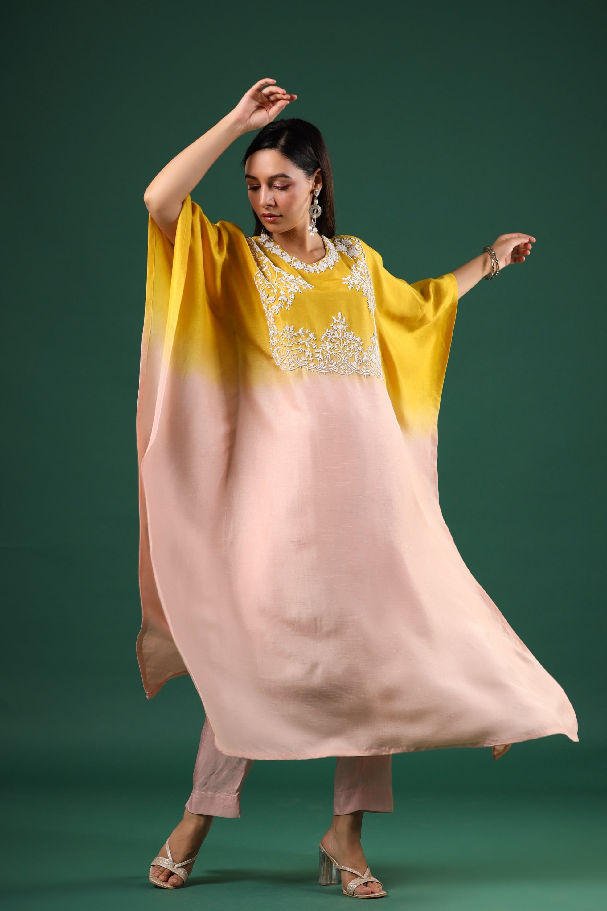 Peach Yellow Ombre Dyed Kaftan Set