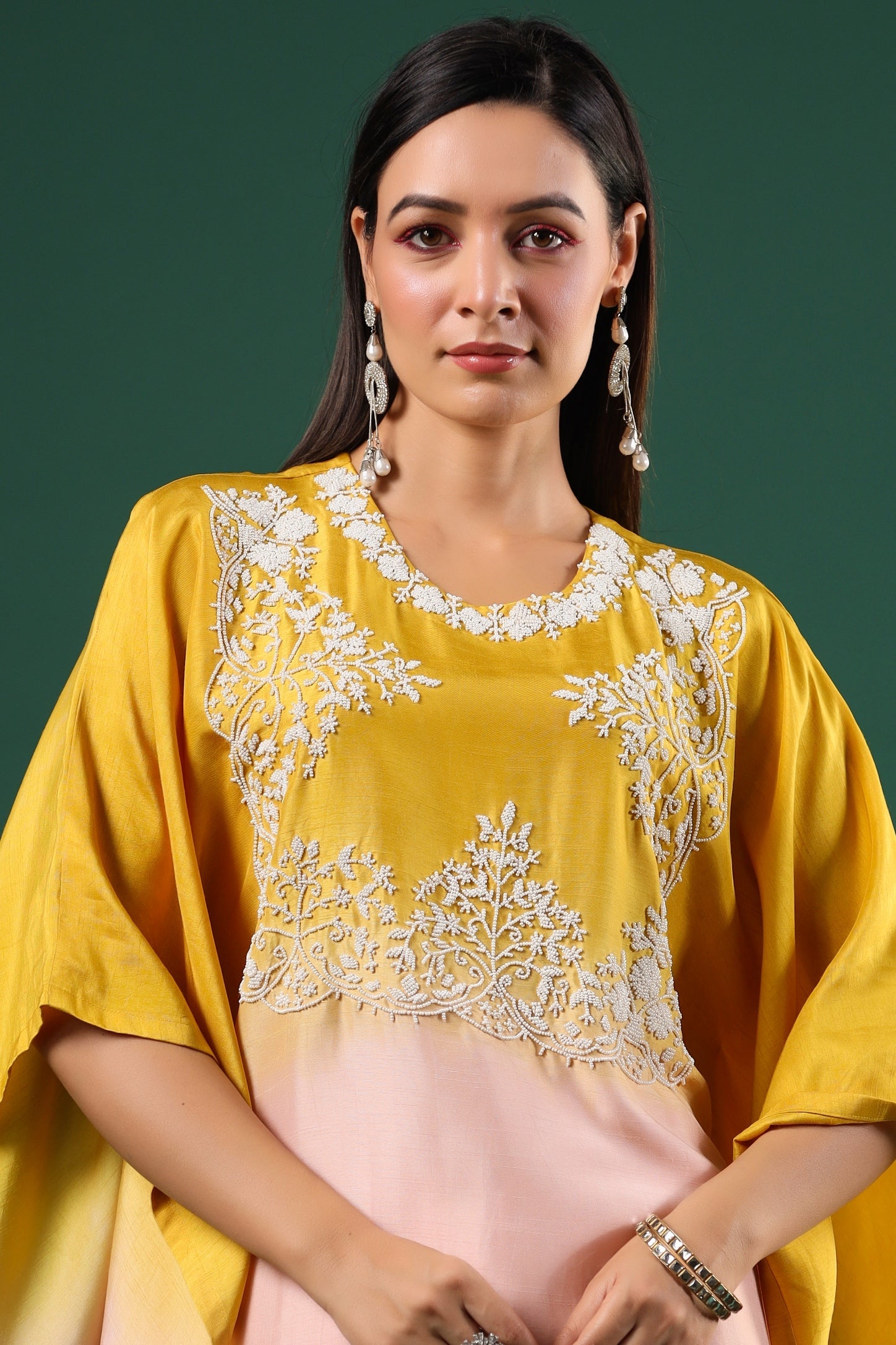 Peach Yellow Ombre Dyed Kaftan Set