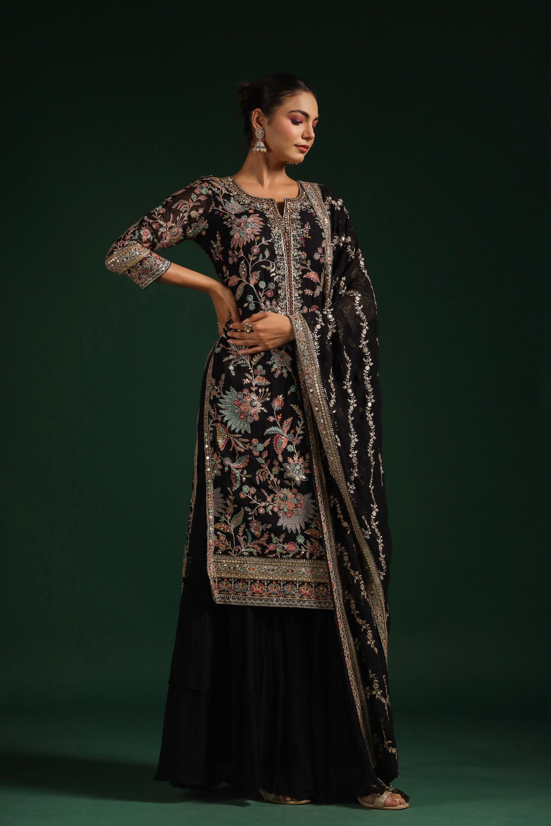 Black Embroidered Premium Georgette Sharara Set