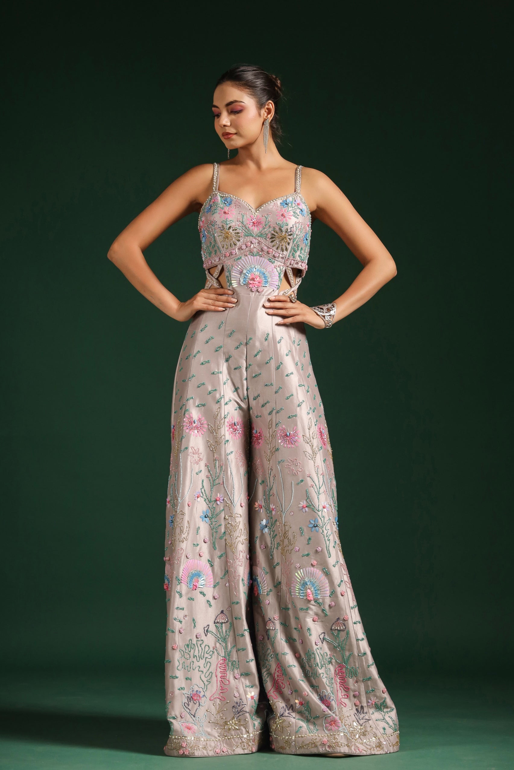 Pastel Pink Embellished Premium Chanderi Silk Jumpsuit