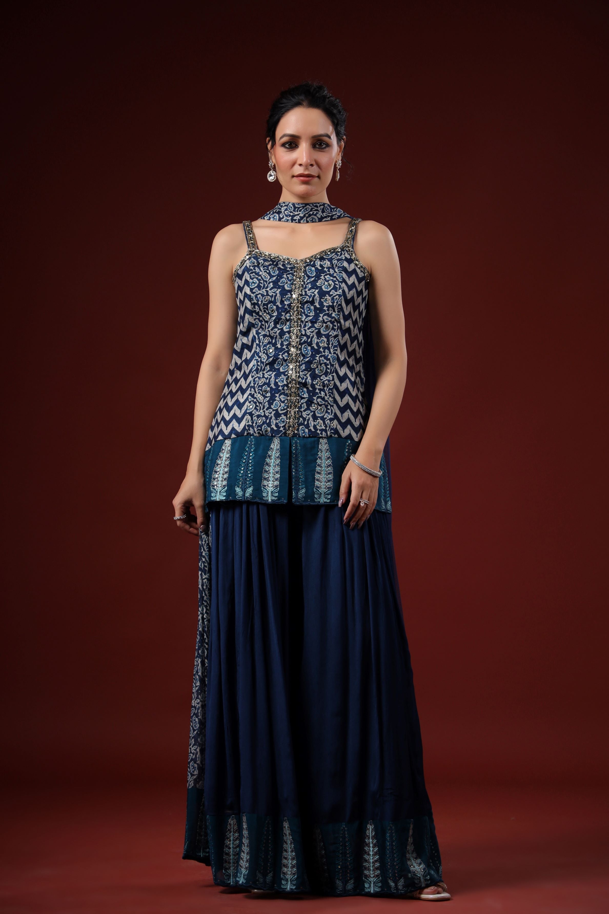 Deep Blue Printed Premium Silk Palazzo Set