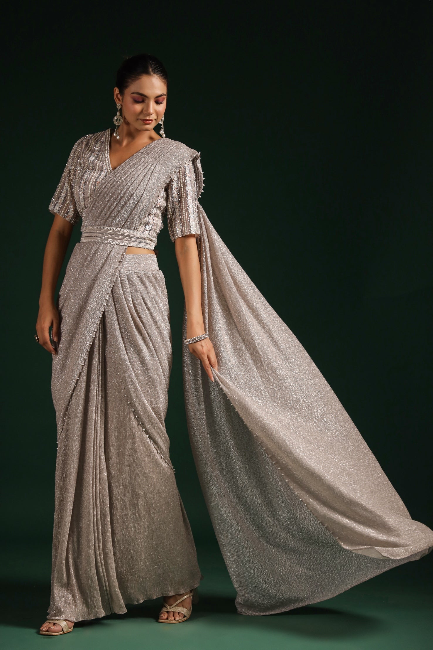 Metallic Silver Premium Net Draped Saree