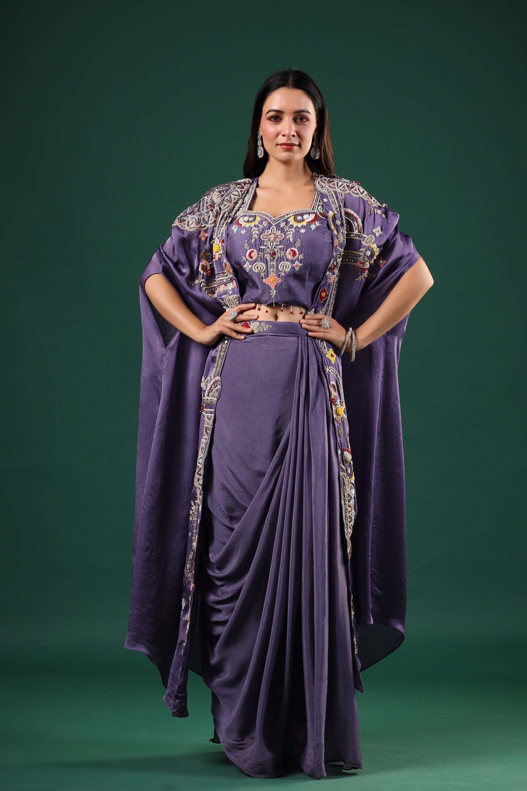 Purple Embellished Chinon Silk Skirt Set