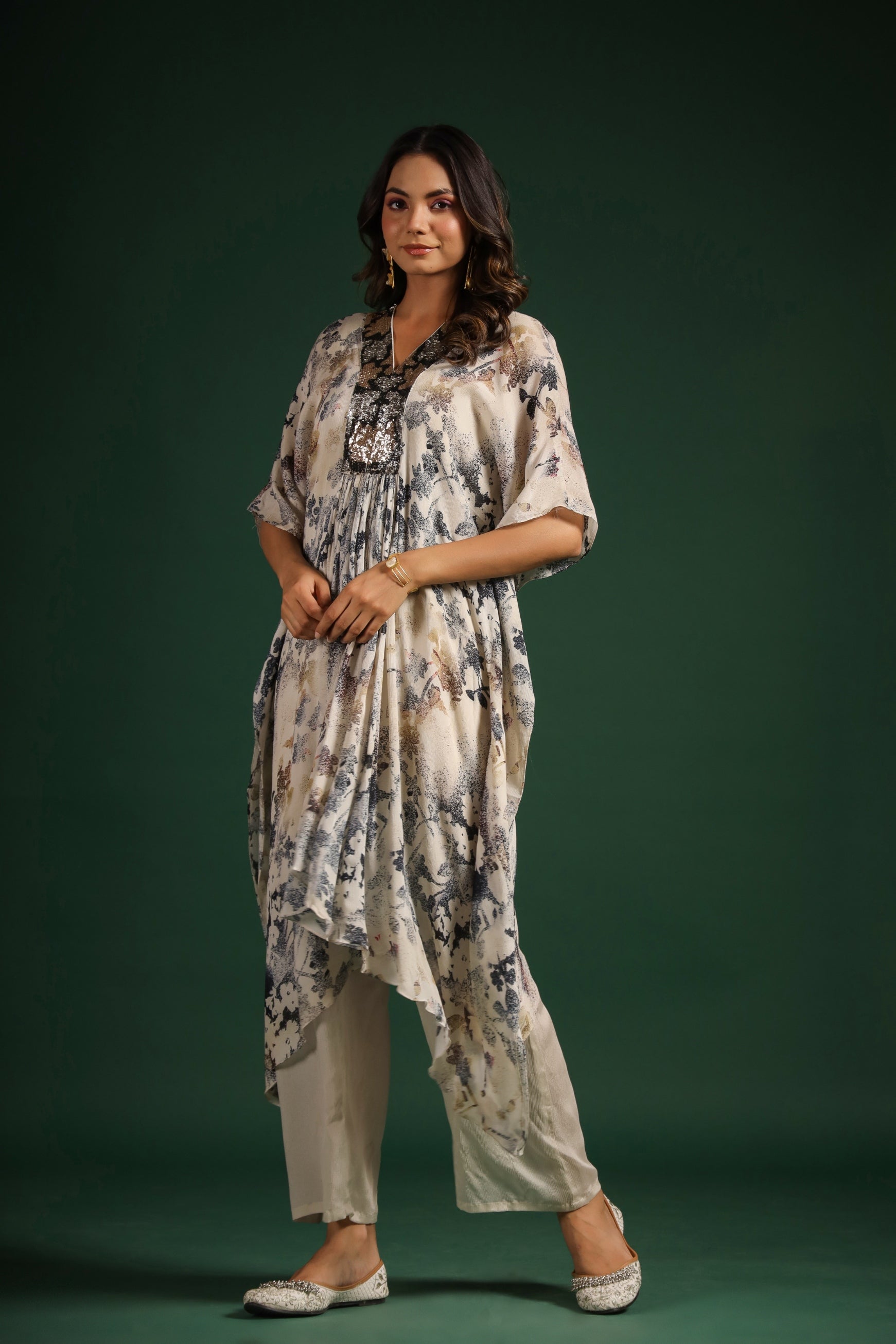 White Digital Printed Kaftan Pant Set