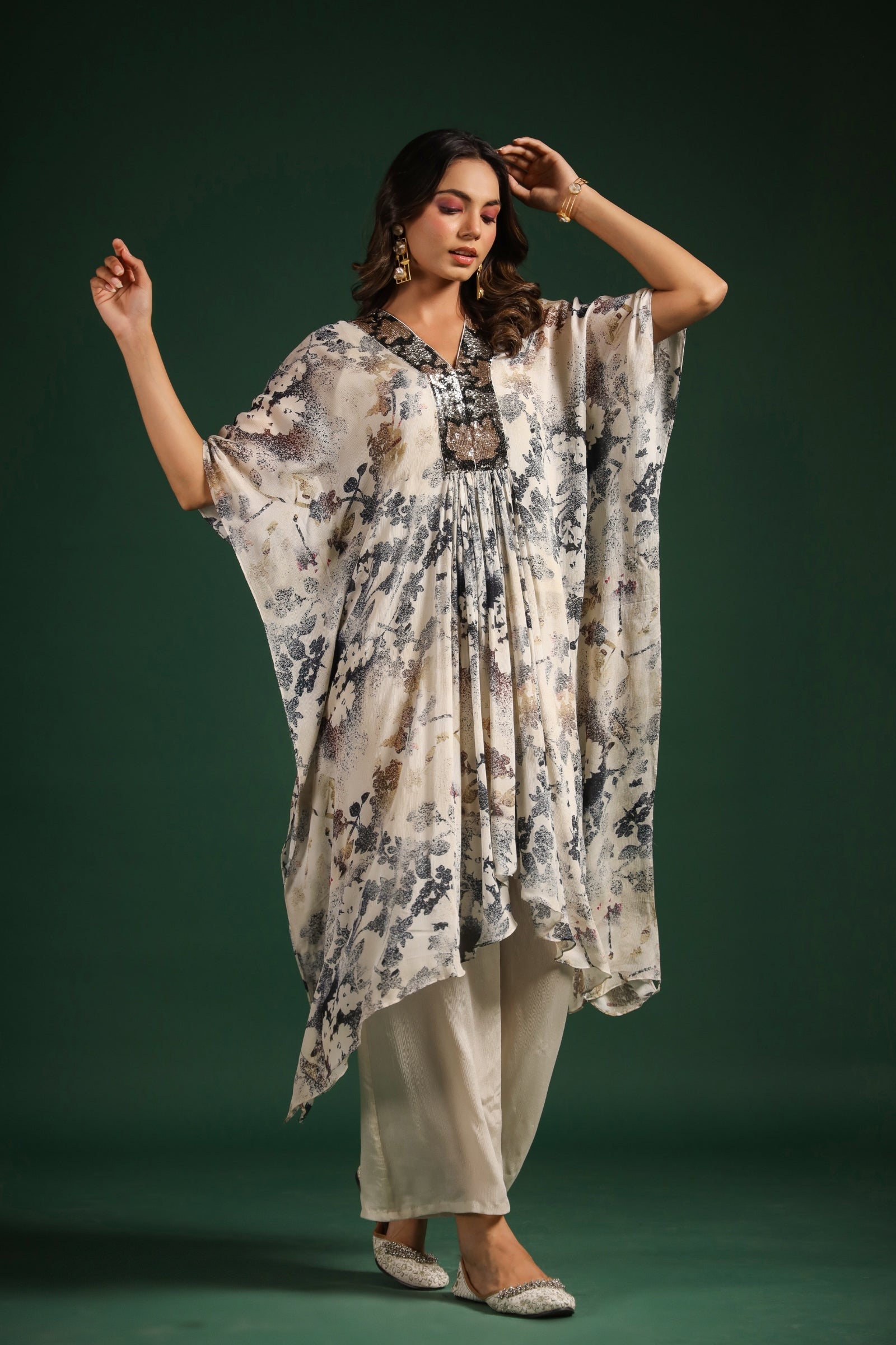 White Digital Printed Kaftan Pant Set