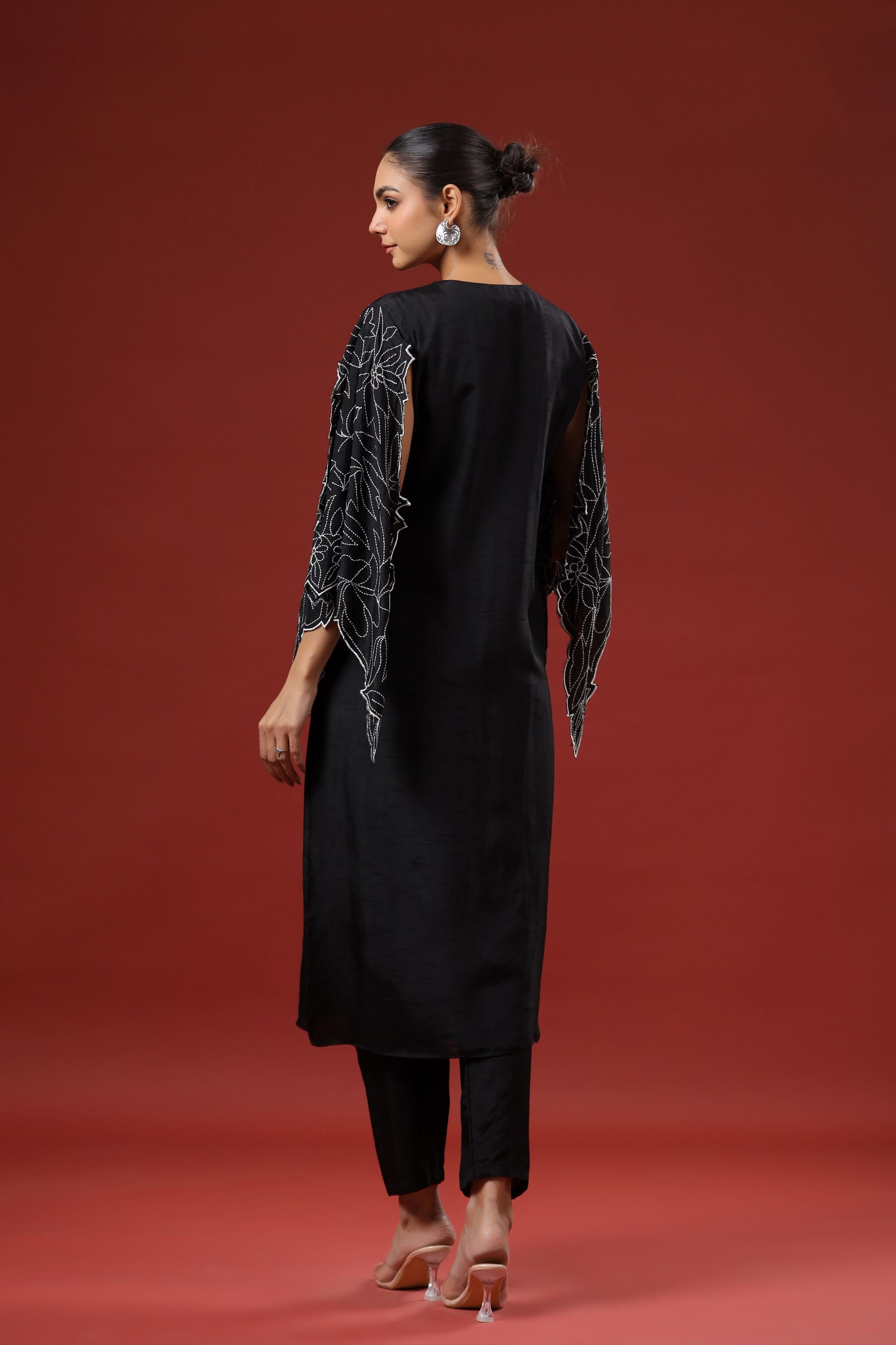 Black Embroidered Raw Silk Kurta Set