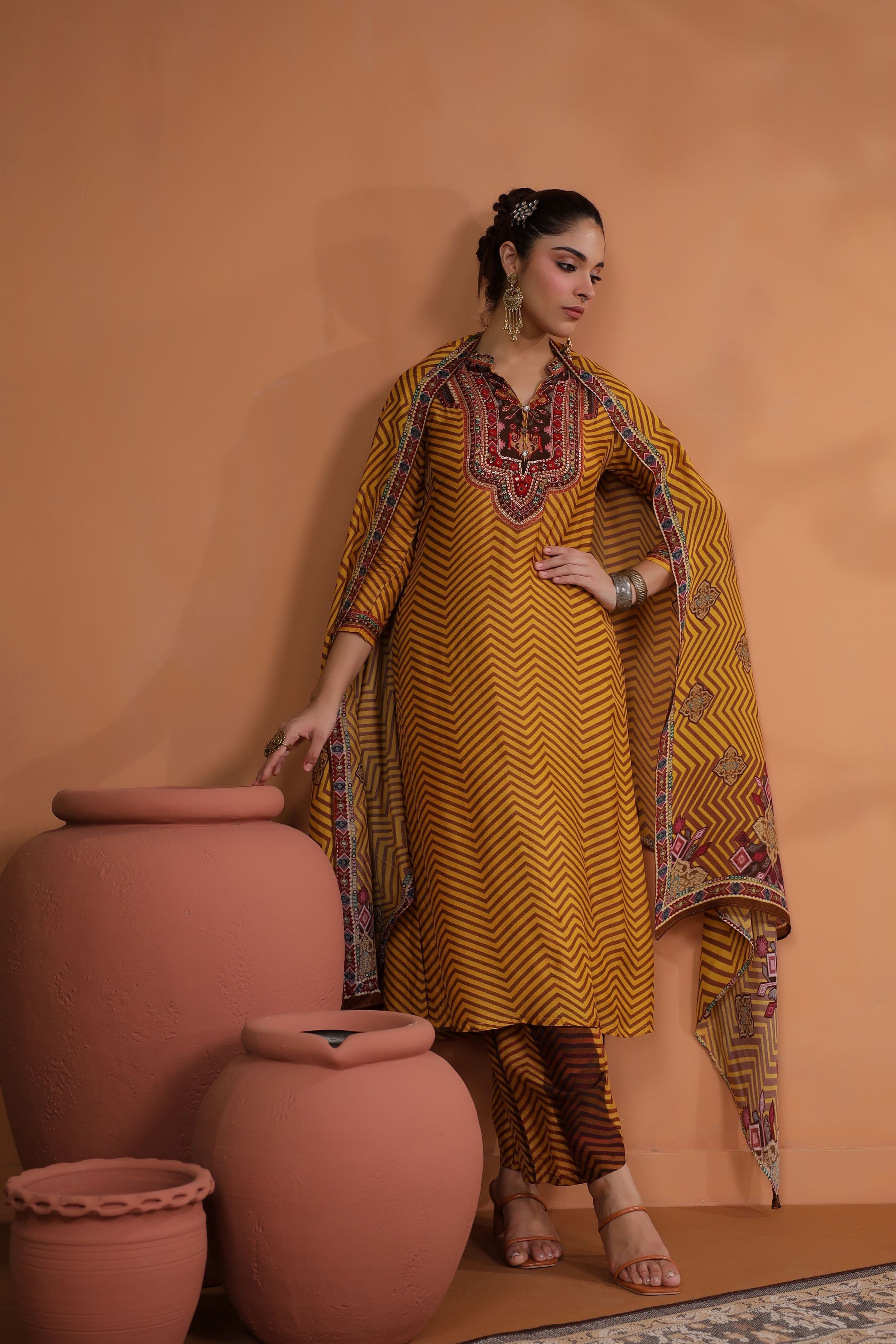 Mustard Stripe Printed Tussar Silk Kurta Set