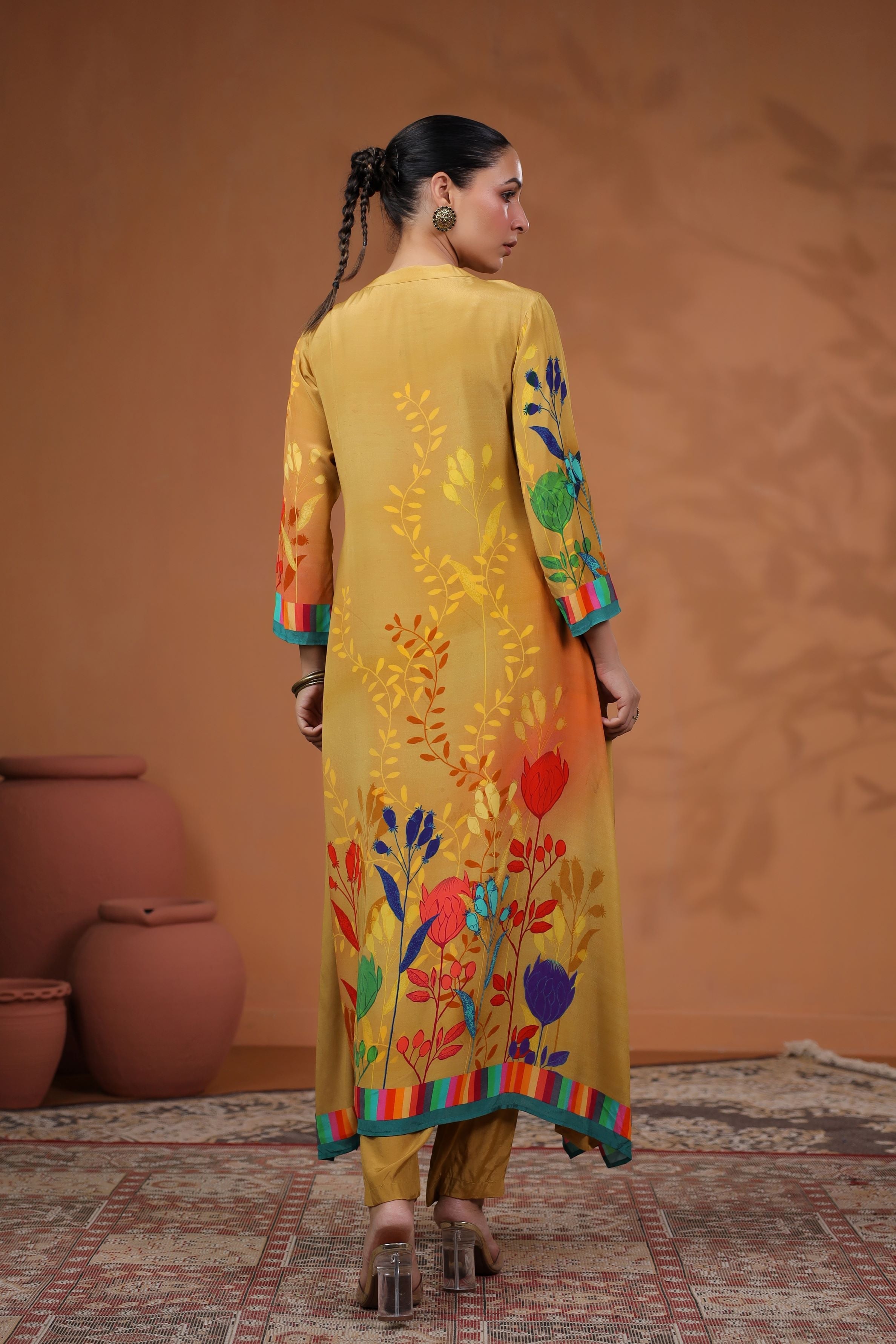 Mustard Floral Printed Muslin Silk Kurta Set