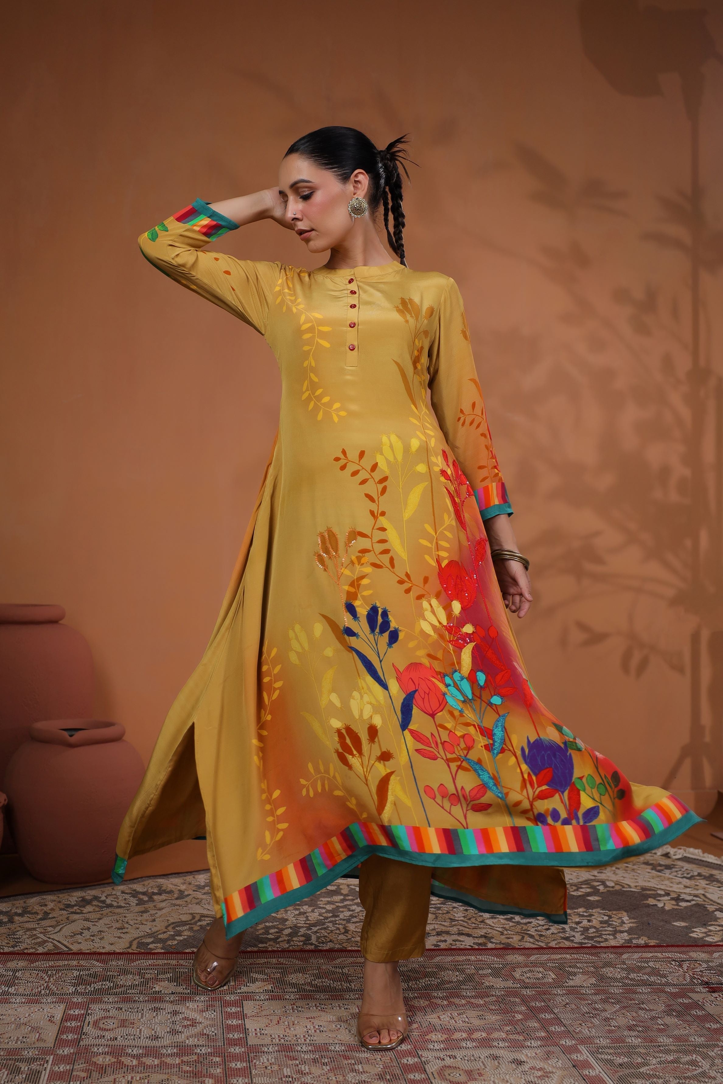 Mustard Floral Printed Muslin Silk Kurta Set