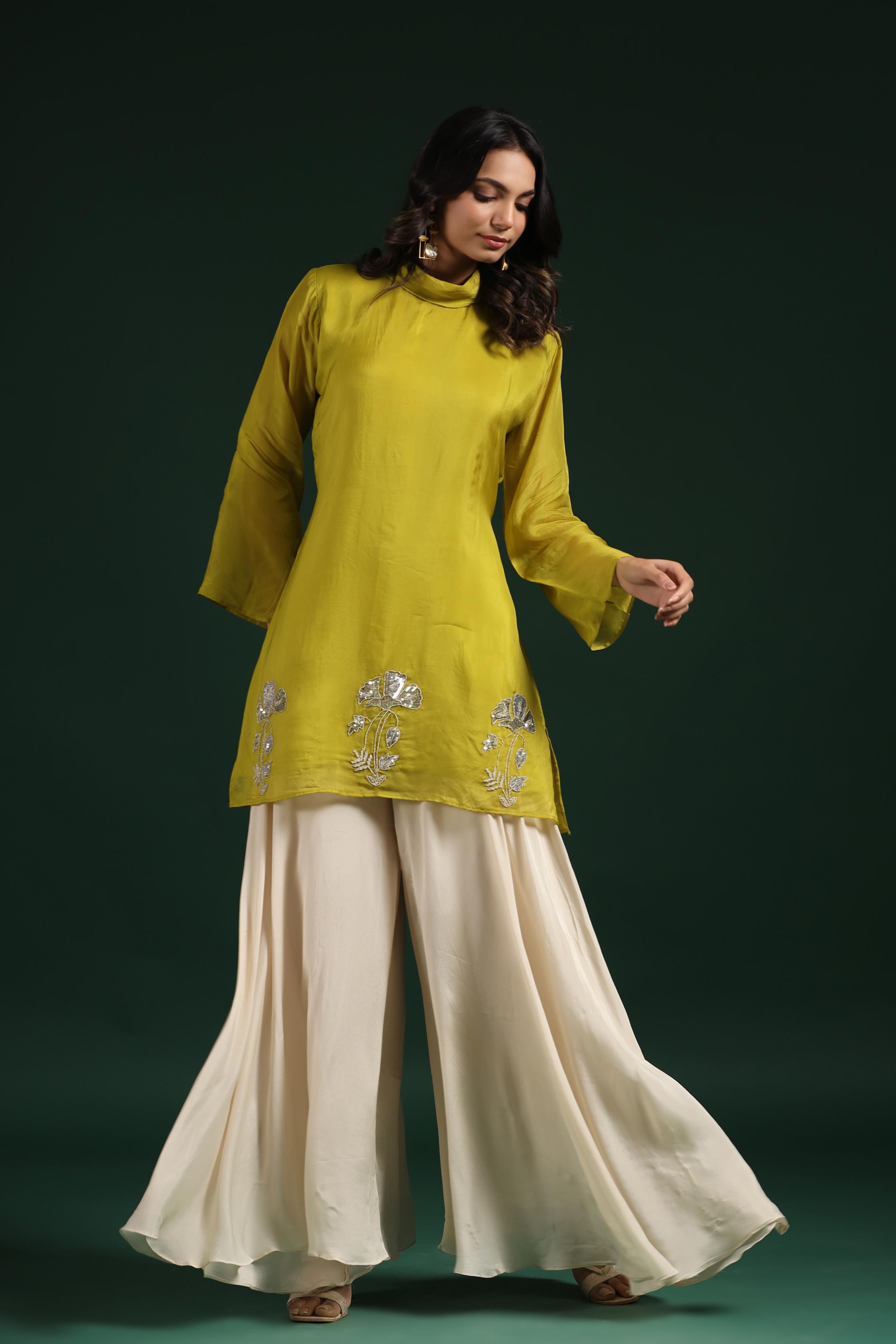 Corn Yellow Embellished Premium Organza Silk Palazzo Set