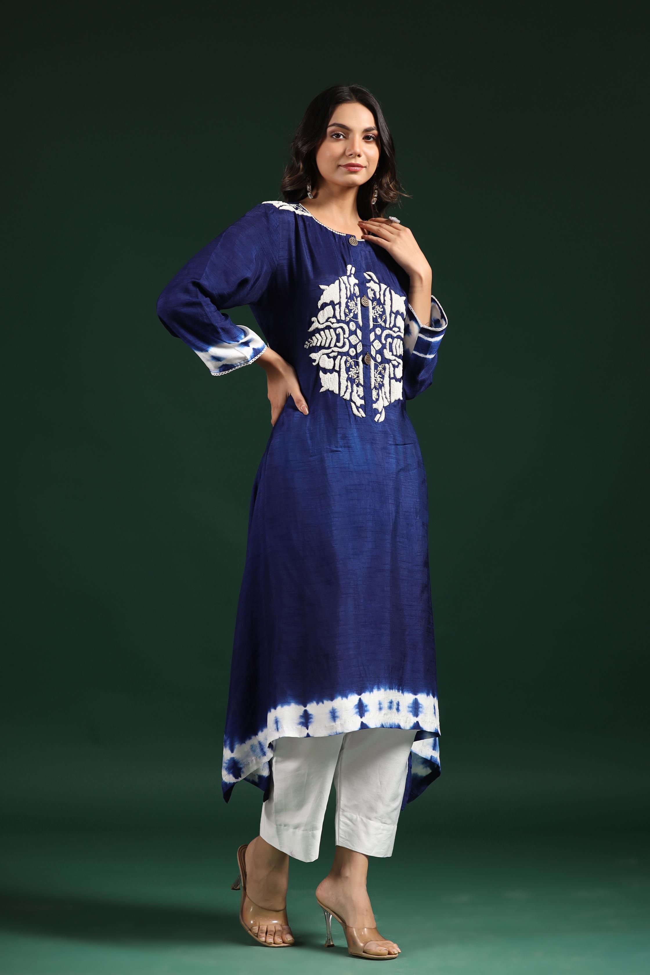 Blue Tie Dye Raw Silk Kurta & Pants Set