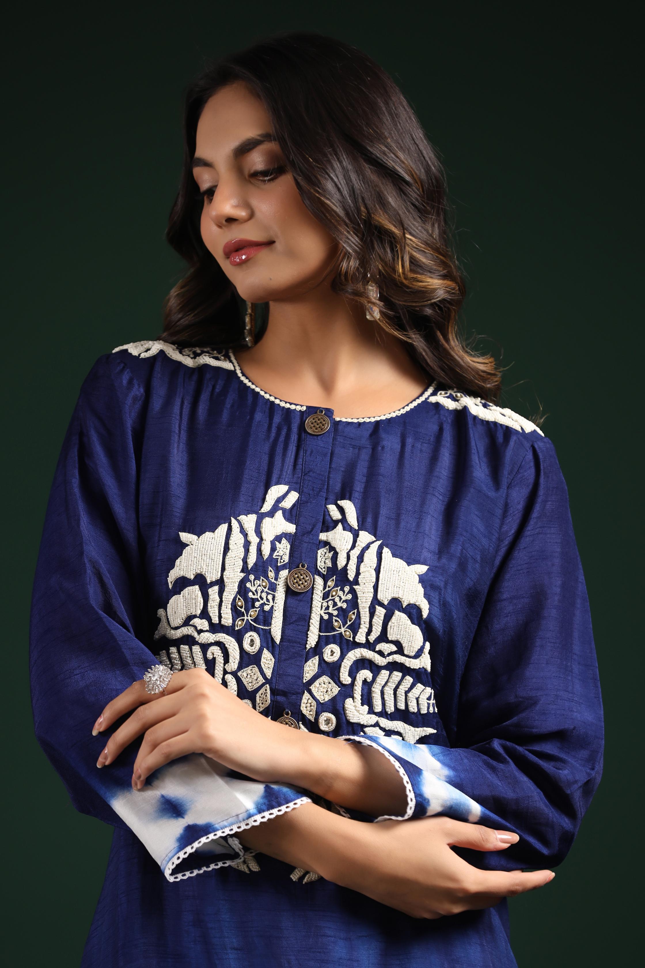 Blue Tie Dye Raw Silk Kurta & Pants Set