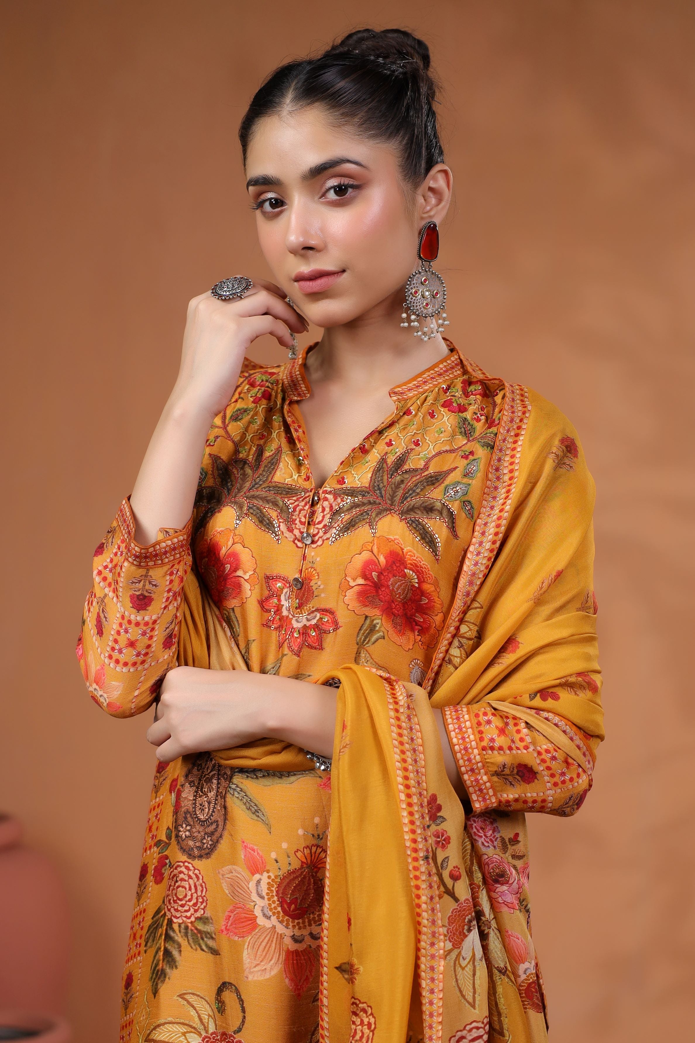 Mustard Traditional Printed Tussar Silk Pants Set