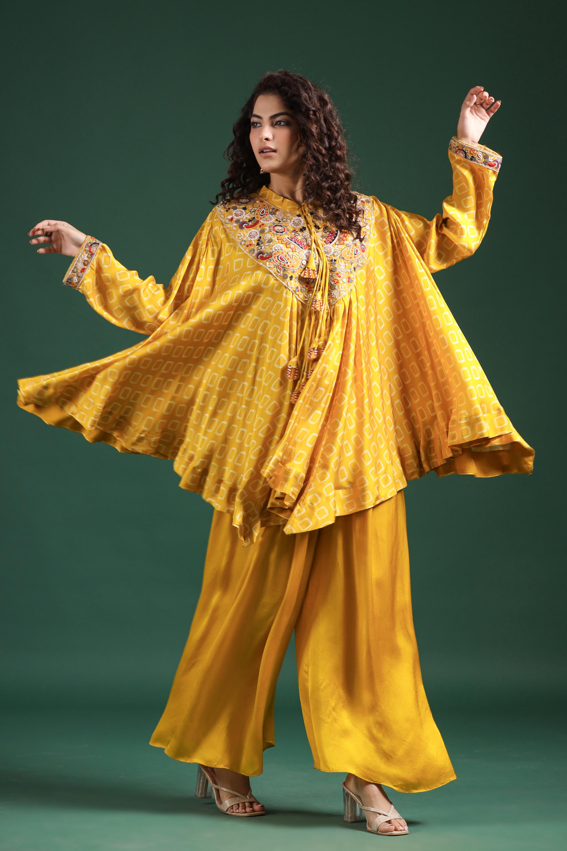 Yellow Traditional Printed & Embroidered Tunic Palazzo Set