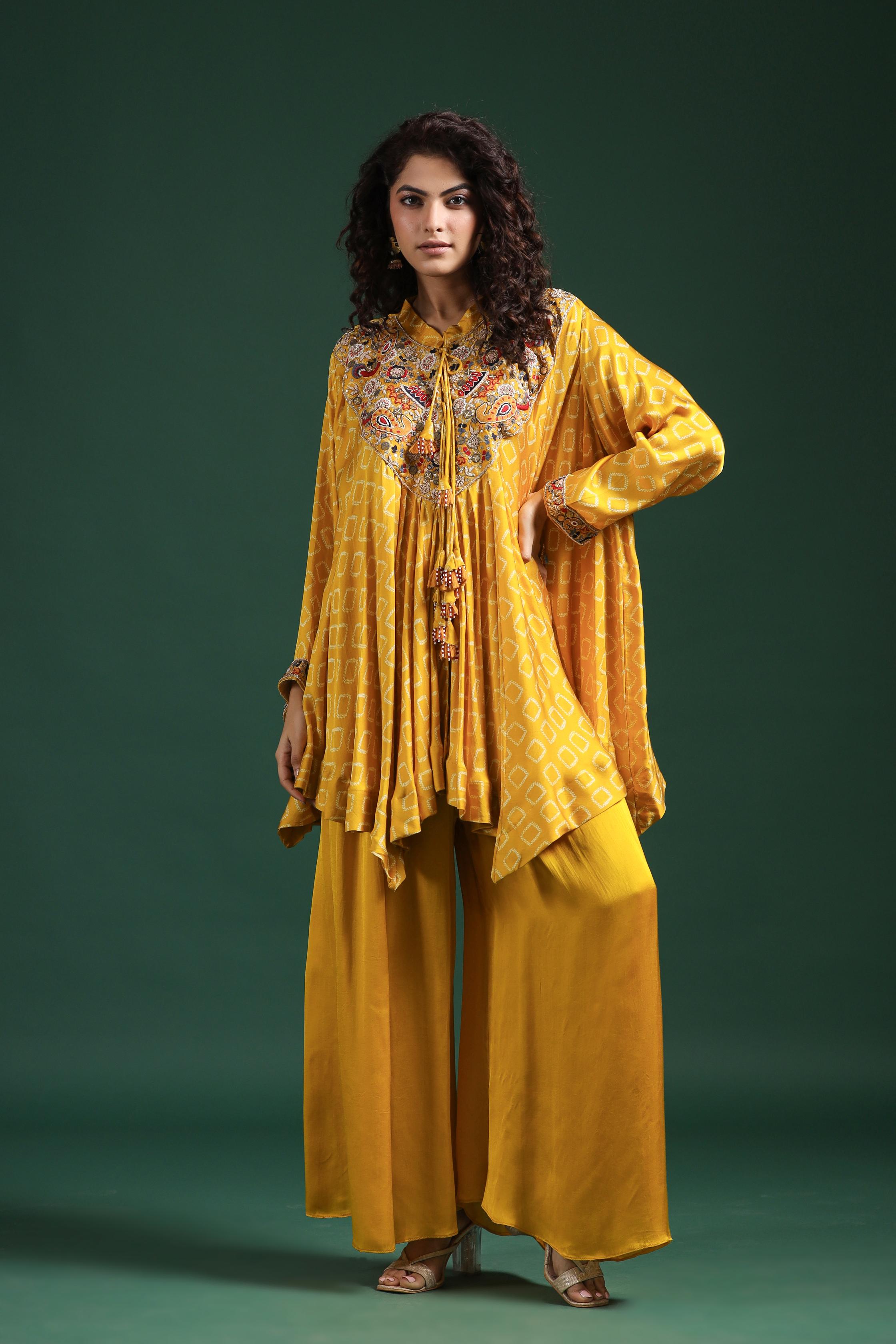 Yellow Traditional Printed & Embroidered Tunic Palazzo Set