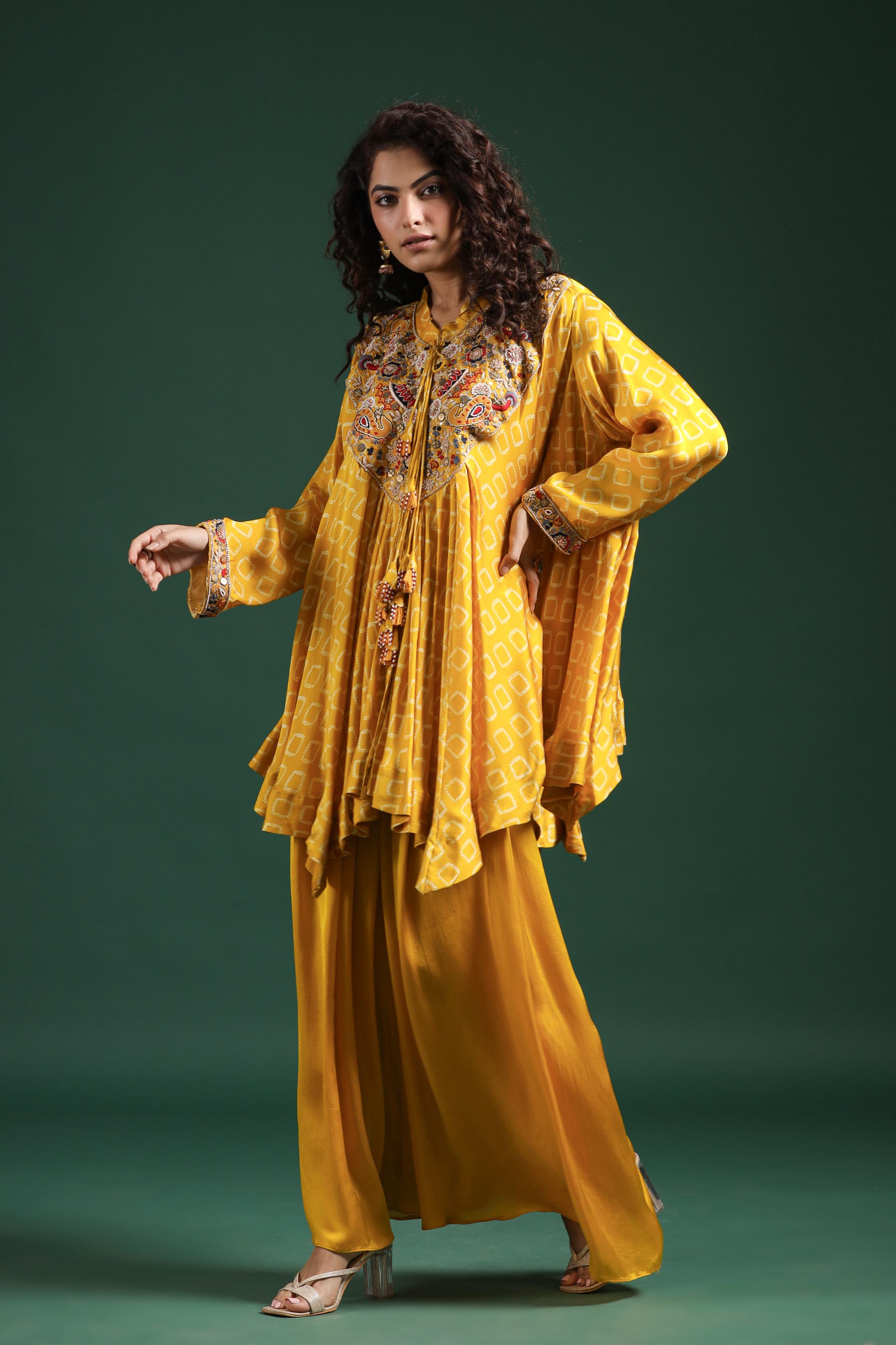 Yellow Traditional Printed & Embroidered Tunic Palazzo Set