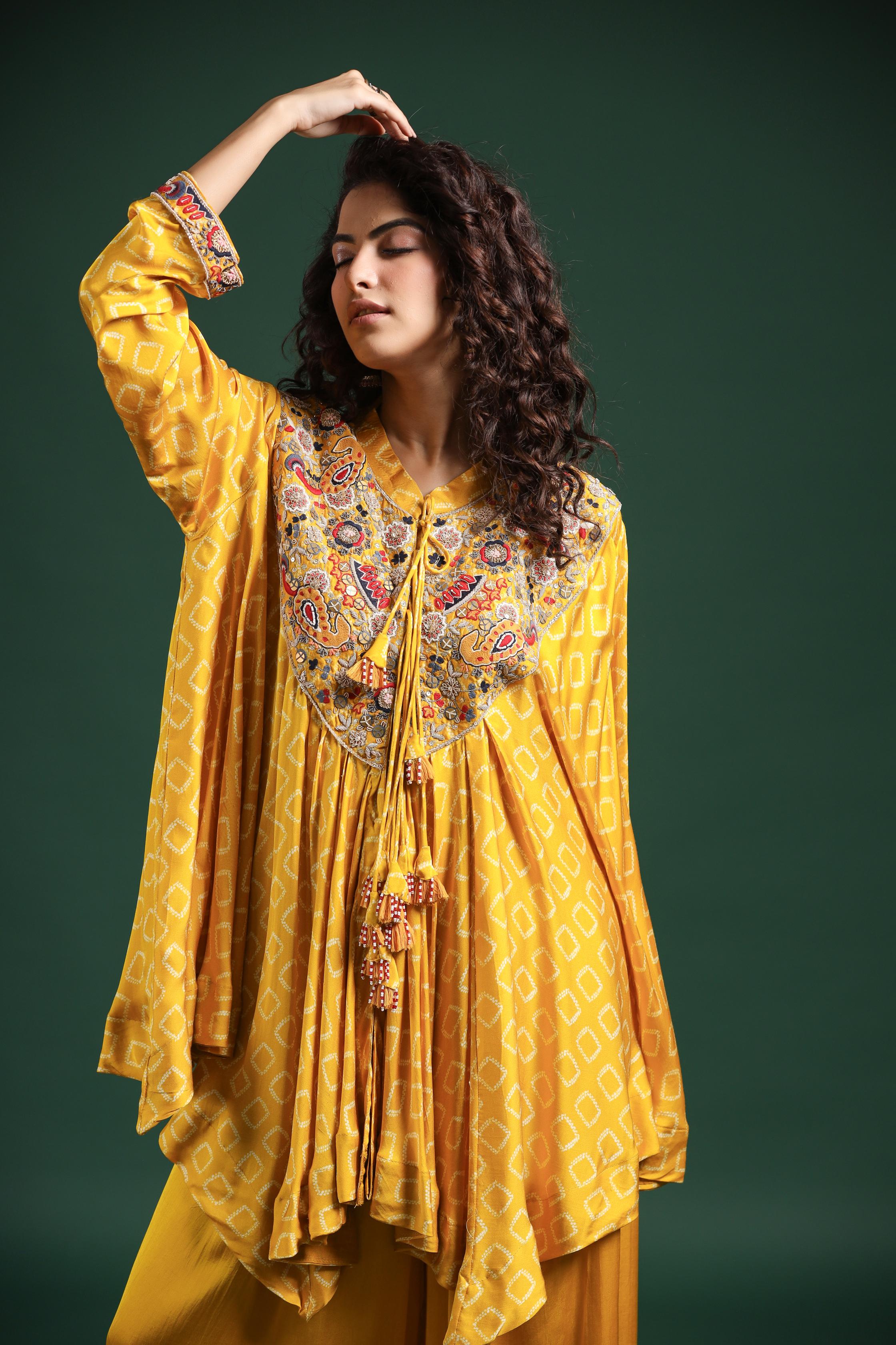 Yellow Traditional Printed & Embroidered Tunic Palazzo Set