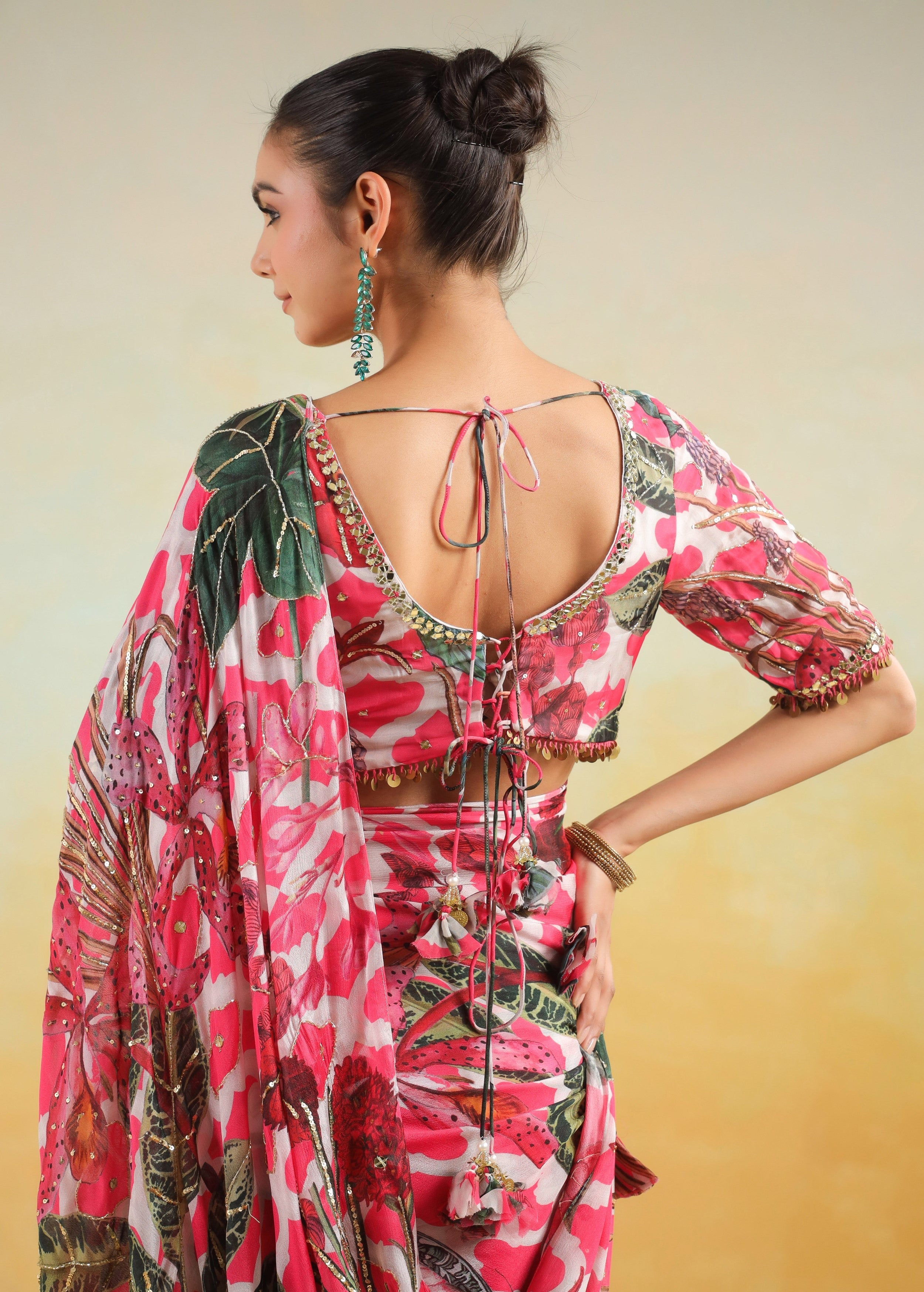 Fuchsia Pink Printed Chinon Silk Saree